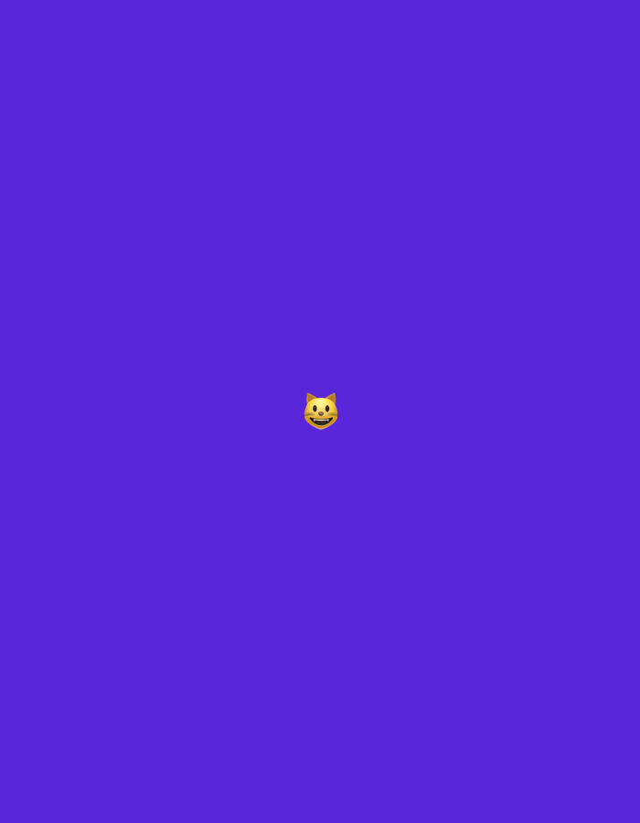 The image displays a uniformly solid purple background. Centered within this field is a single graphic emoji, identified as a yellow cat face with pointed ears. The cat emoji features a wide grin revealing white teeth and has curved, smiling eyes. There are no other subjects, objects, or actions depicted within the frame. The environment is entirely abstract and non-representational, providing no identifiable geographical, architectural, or natural features that would indicate a specific real-world location such as the city of Santa Ana, Venezuela.