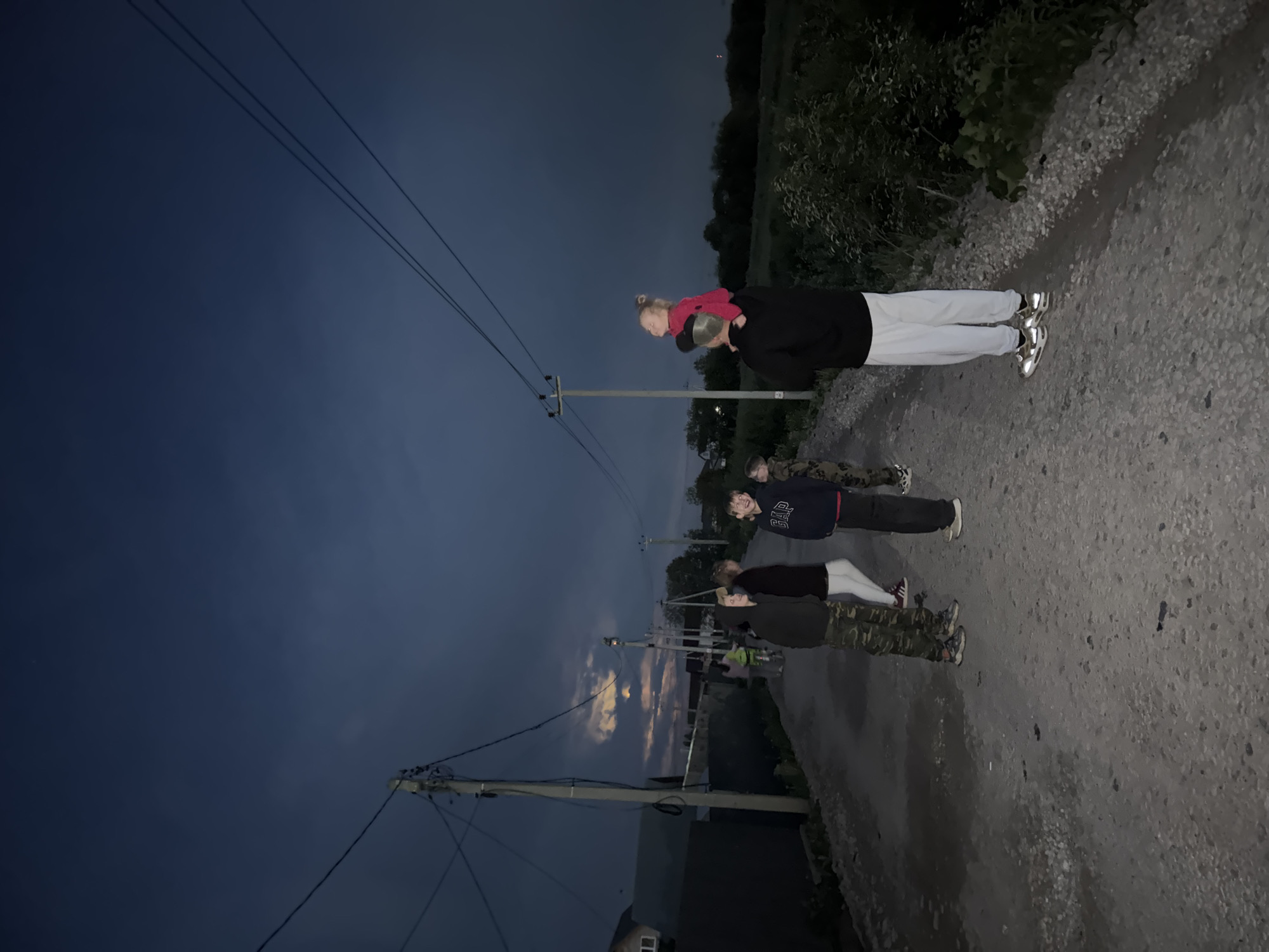 The image depicts a group of four people standing on a paved road in what appears to be a rural or semi-rural area near Горный, Russia. The scene is illuminated by streetlights and twilight.
One adult, wearing a dark jacket, white pants, and shiny sneakers, is carrying a young child on their shoulders. The child is wearing a pink top.
Behind them are two more individuals, one wearing a blue and black jacket and the other wearing a camo jacket and white pants.
Power lines are visible overhead, connecting to utility poles along the road. Vegetation borders one side of the road, and a building is visible in the lower left corner. The sky is a deep blue, indicating either late evening or early morning. The road surface is gravelly.