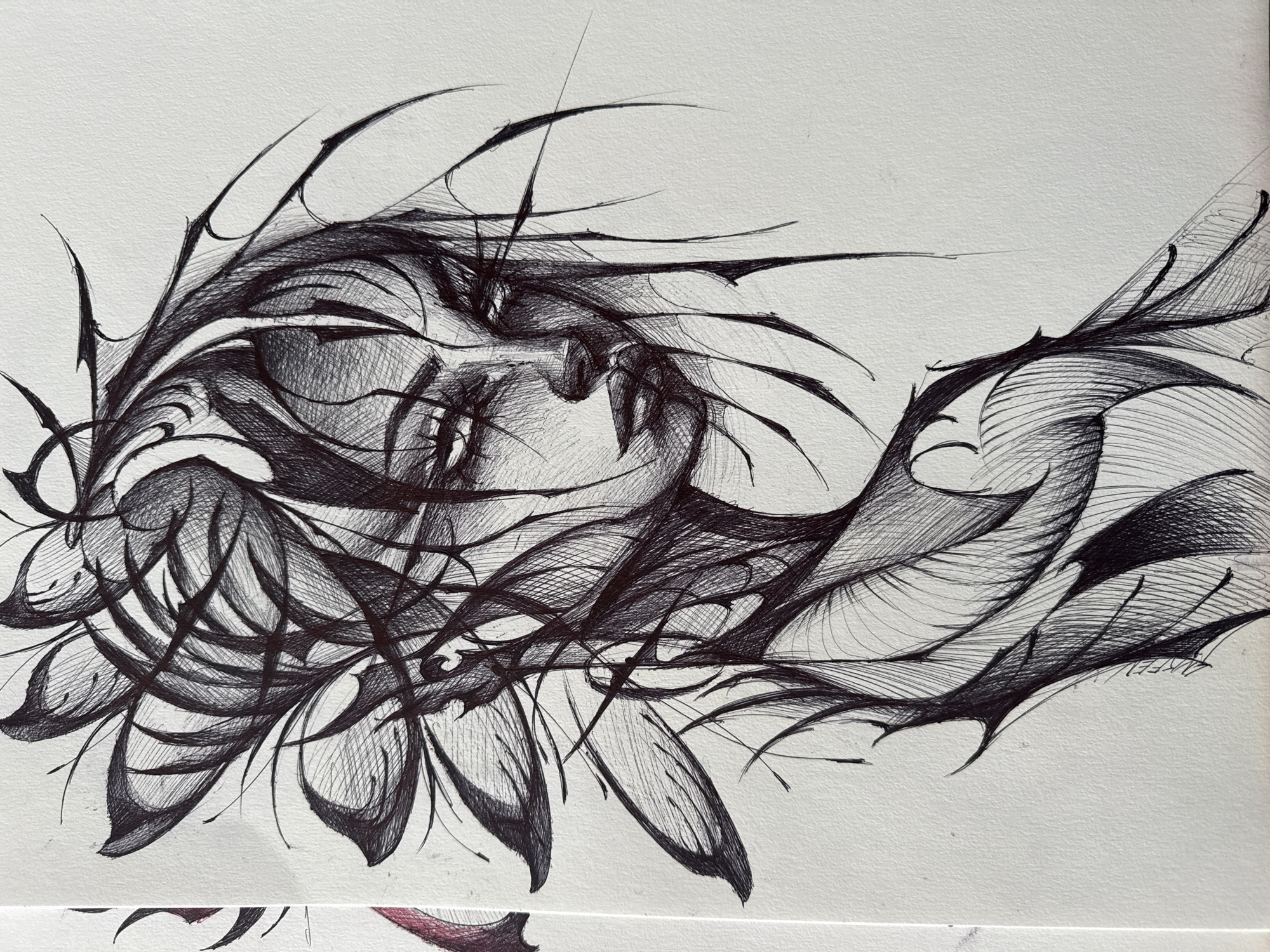 A black and white drawing depicts an abstract human face surrounded by organic shapes that resemble thorns and leaves. The face is partially obscured by the swirling lines and shapes. The lines create a sense of movement and depth. The drawing is on a white surface. The location in Sofia, Bulgaria is not depicted.