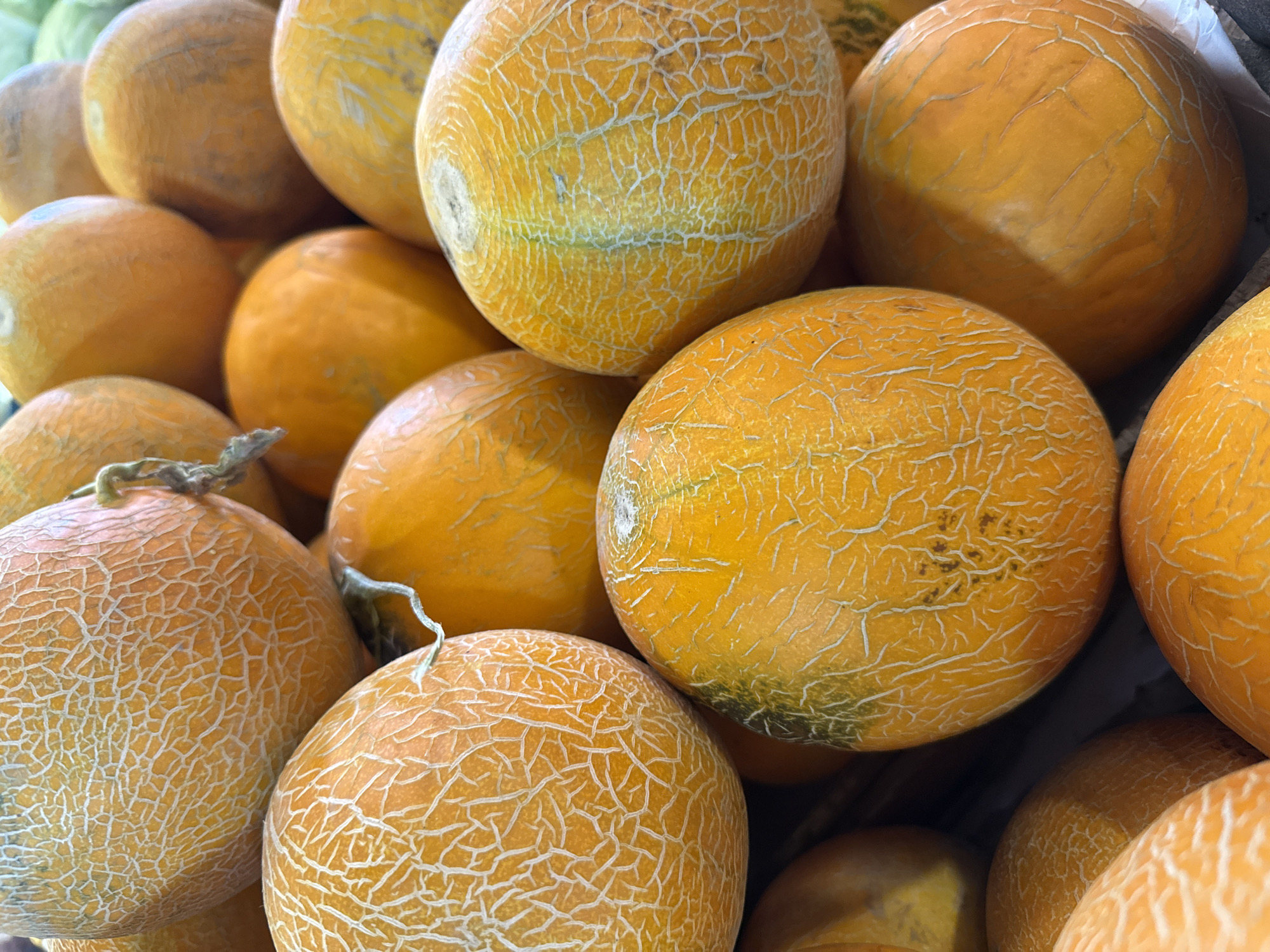 The image shows a close-up, overhead view of a pile of ripe, yellow cantaloupes. The melons have a distinct netted pattern on their rinds. The lighting suggests an indoor setting, possibly a market or grocery store. The colors are warm and vibrant, dominated by shades of orange and yellow. There are no people or animals visible in the image. The focus is entirely on the texture and arrangement of the fruit. The location information provided does not appear to be relevant to the visual content of the image.
