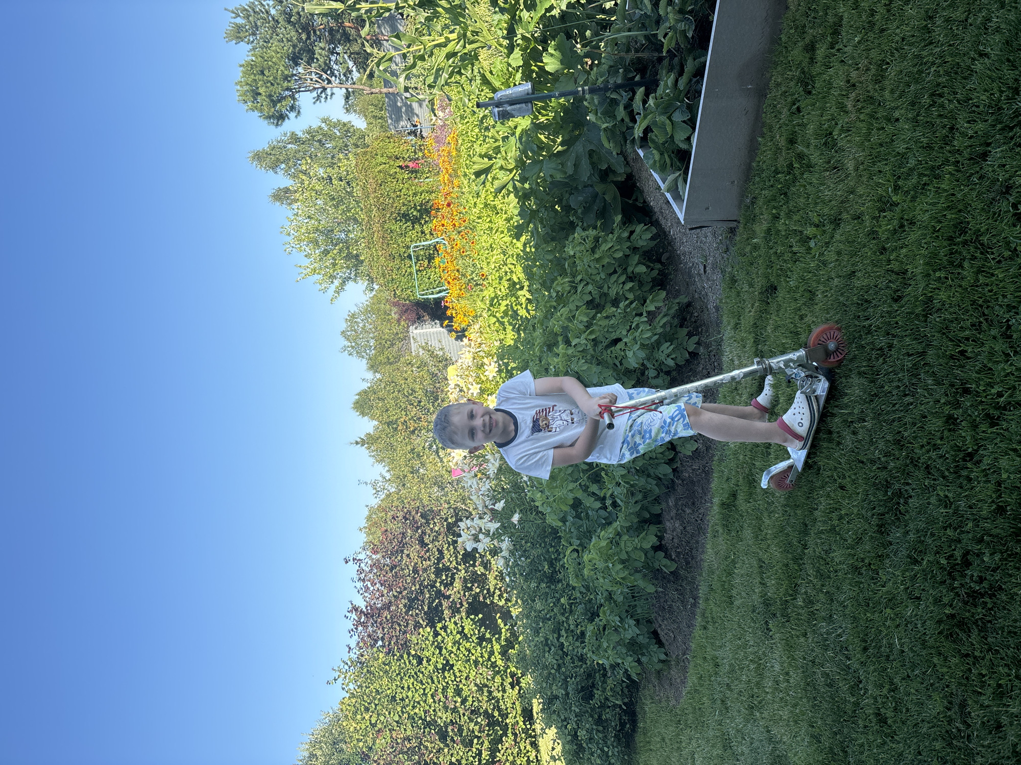A young boy with short, blond hair stands on a red and silver scooter on a manicured lawn. He is wearing a white t-shirt with a graphic of a bear and American flag, and blue and white patterned shorts. The boy is smiling at the camera. Behind him is a lush garden with rows of green plants and flowering bushes, including white lilies and orange flowers. A raised garden bed with green plants, possibly strawberries, is visible to the right. The scene is set in a backyard on a clear, sunny day with a bright blue sky. The garden appears to be in the village of Dunilovo, Russia.