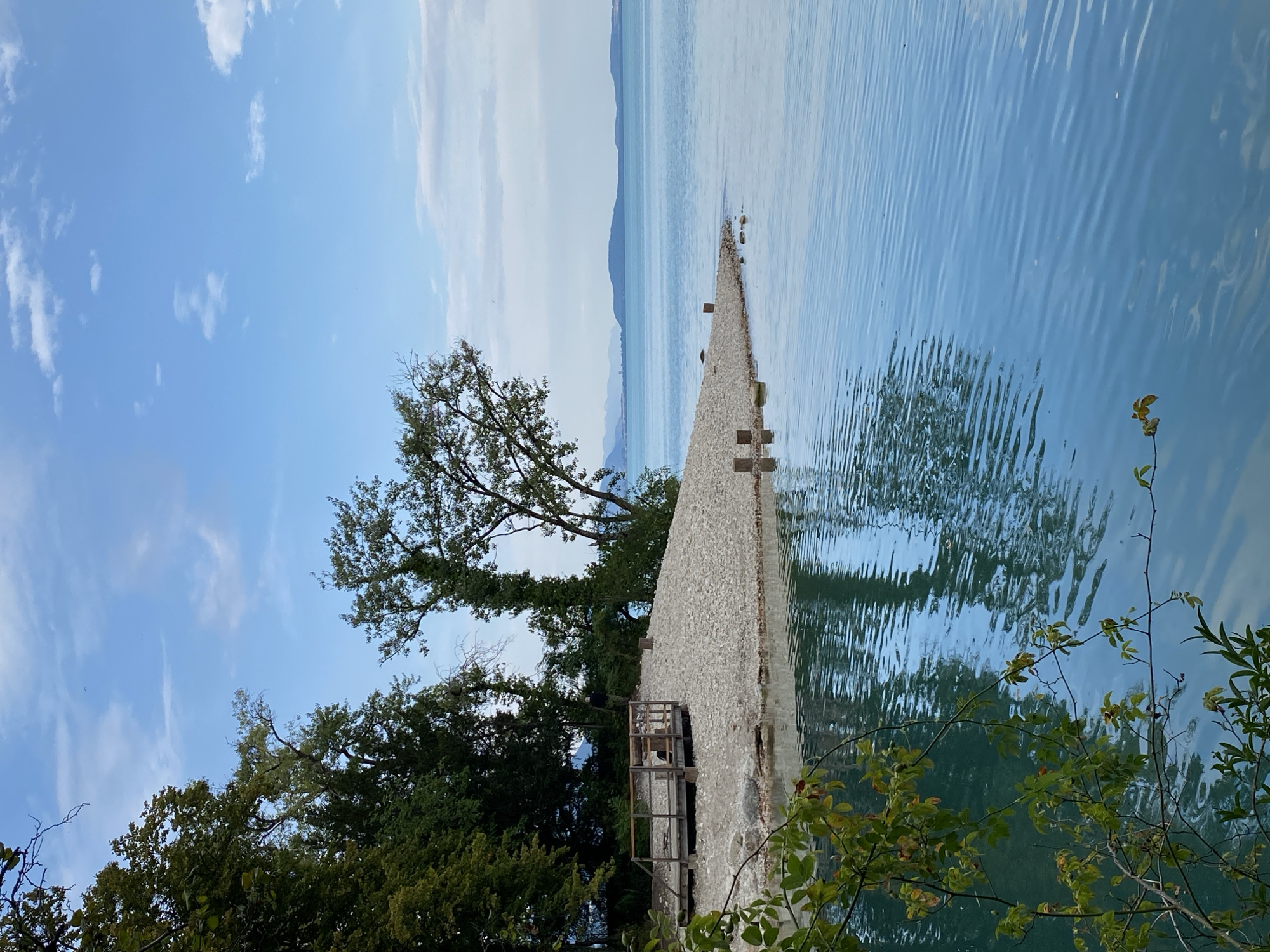 The image depicts a tranquil lakeside scene, likely in Cortaillod, Switzerland, given the context. In the foreground, lush green branches with a few autumn-colored leaves overhang the turquoise water, which is gently rippling. The water reflects the sky and the surrounding landscape.
A small, pebbled shore extends into the water, marked by several weathered wooden posts. Further back, a wooden deck with a railing is visible on a slightly elevated area of the shore, surrounded by trees with dense green foliage. Beyond the shore, a vast body of water stretches to the horizon, where distant, hazy blue hills or mountains are visible under a pale blue sky with scattered white clouds. One tall, slender tree stands prominently on the shore, its branches reaching towards the sky. A person, small in the frame and wearing dark clothing, can be seen standing on the elevated shore near the trees. The overall impression is one of natural serenity and quietude.