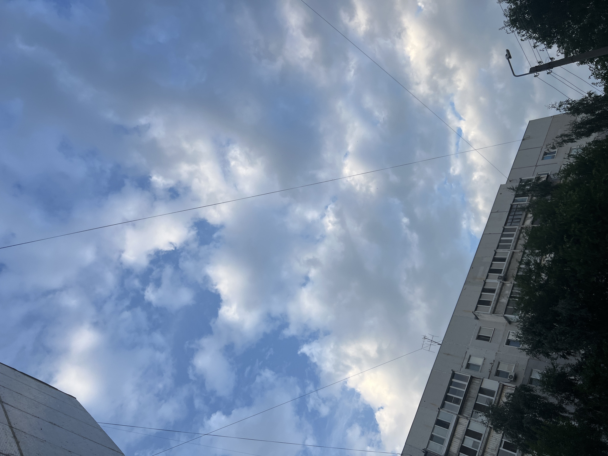 This image captures a view of a multi-story apartment building and a street lamp against a sky filled with cumulus clouds. The building, constructed of grey concrete, features numerous windows and several balconies. Dark green trees are visible in the foreground, partially obscuring the lower floors of the building. Thin wires crisscross the sky. The street lamp is positioned on a wooden pole with electrical wires attached. The overall scene suggests an urban environment, possibly a residential area in the city of Ulyanovsk, Russia. There are no people visible in the image.