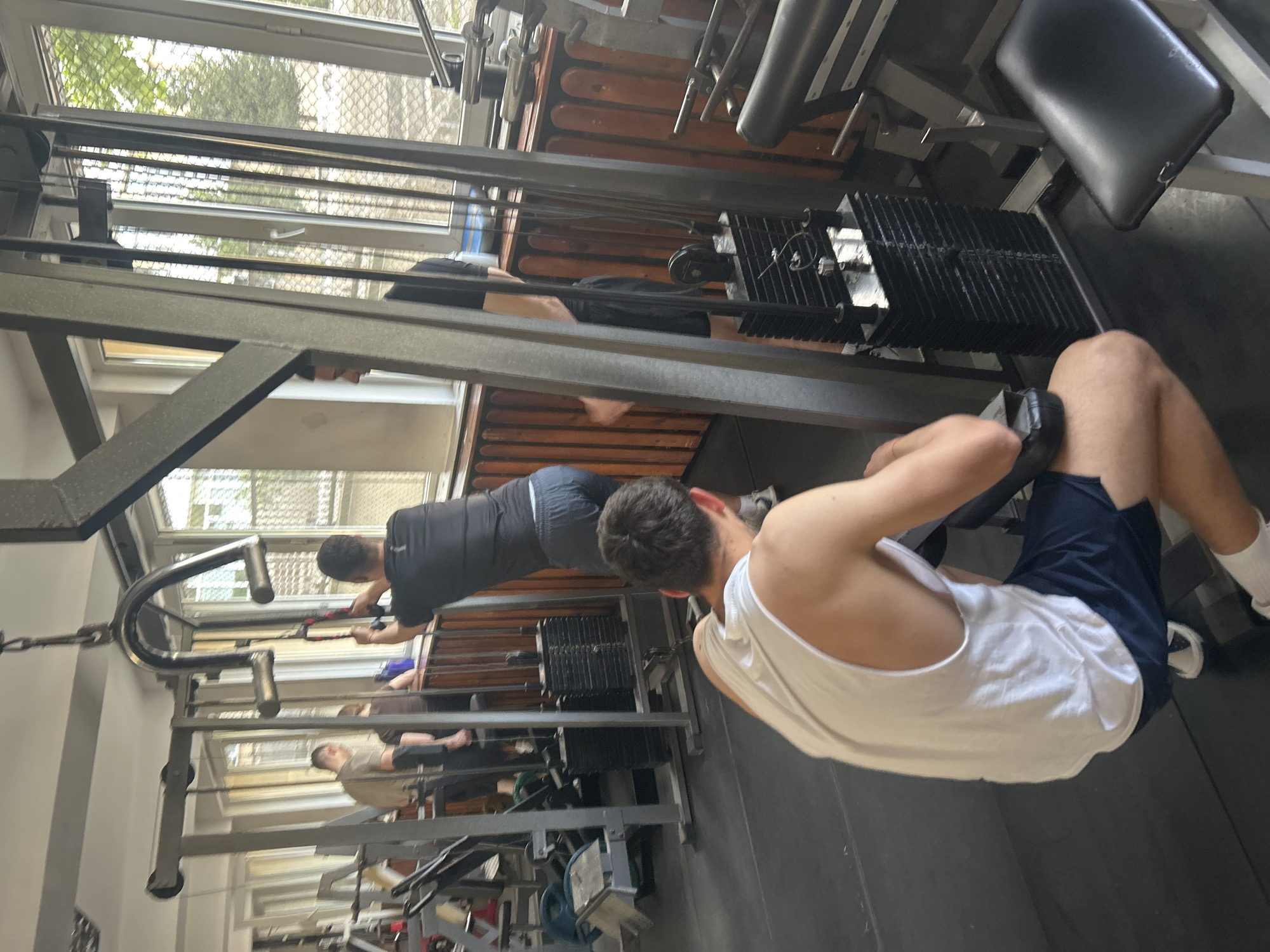 The image depicts the interior of a gym, possibly in Zlatograd, Bulgaria, given the request. Three people are visible. One individual is performing an abdominal exercise on a seated cable machine, wearing a white tank top and blue shorts. Another person is doing a cable row exercise. A third person is partially visible in the background, also using gym equipment. Various pieces of weightlifting equipment are present, including cable machines, weight stacks, and benches. The gym has windows along one wall.