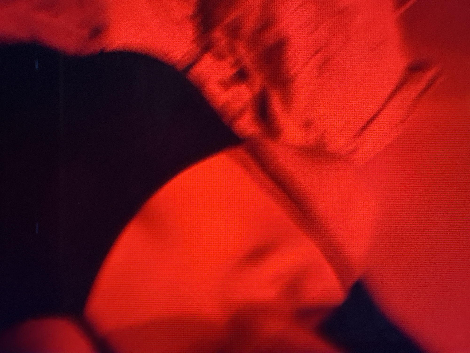 The image is a close-up, abstract, and heavily stylized photograph dominated by a vibrant red hue. A dark, solid shape, possibly a piece of clothing or shadow, occupies the bottom portion of the frame, contrasting sharply with the red. The red area appears textured, with subtle patterns suggesting fabric or a digital screen. There are blurred forms within the red, hinting at a human face or body, with suggestions of eyes, nose, and mouth, though these features are indistinct and distorted by the lighting and focus. The overall impression is one of intense color and abstract form, creating a dramatic and possibly unsettling mood. The location is unknown.