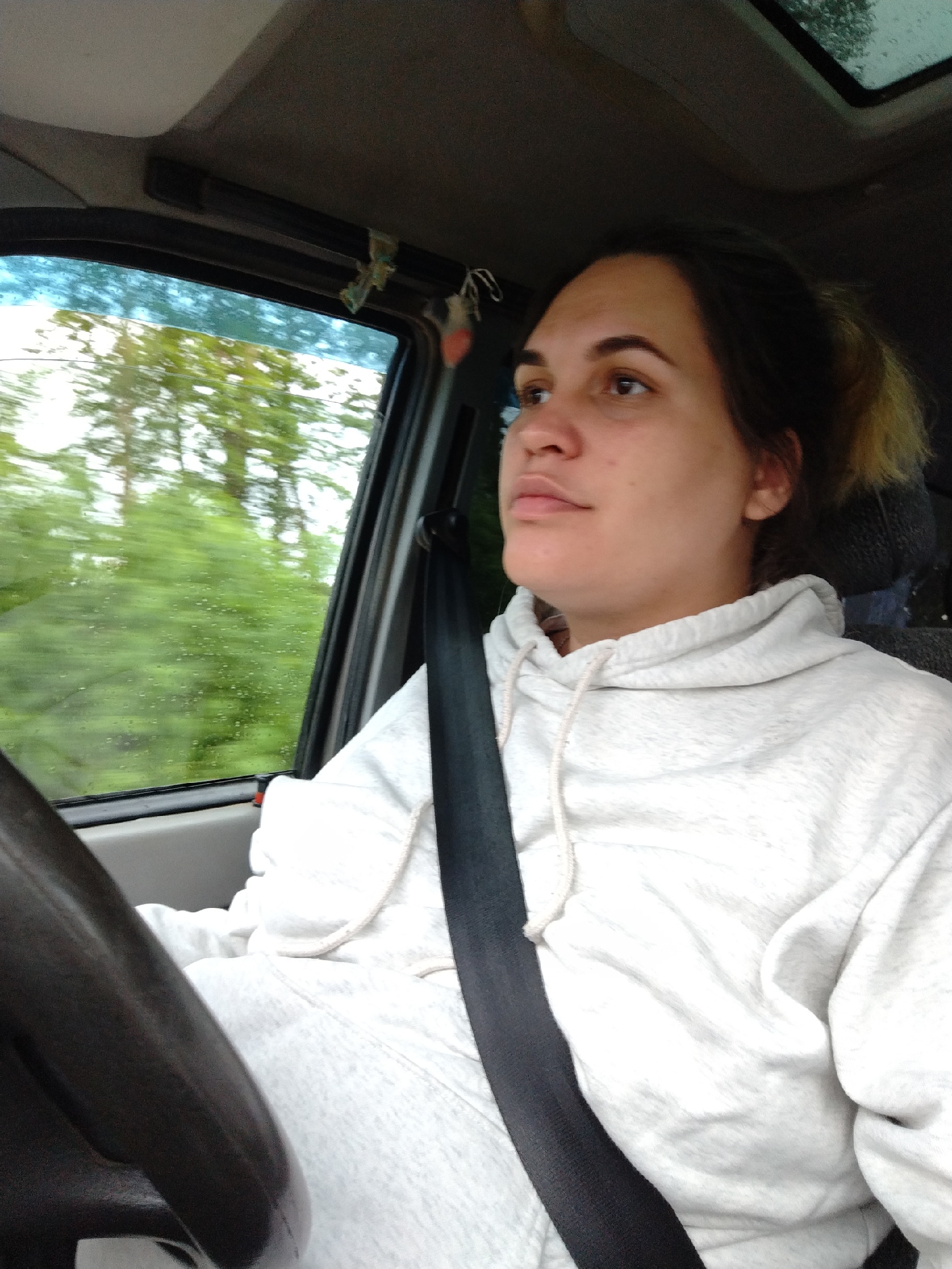 A medium shot shows a young woman with dark hair pulled back in a ponytail, wearing a light gray hooded sweatshirt, driving a car. She is looking to the right with her mouth slightly open. The interior of the car is visible, including the steering wheel, dashboard, and a sunroof. The window on the right shows a blurred view of trees and foliage, suggesting movement. The overall lighting is natural, with some reflections on the car's window. The scene is set within the city of Rusalevka, Russia.