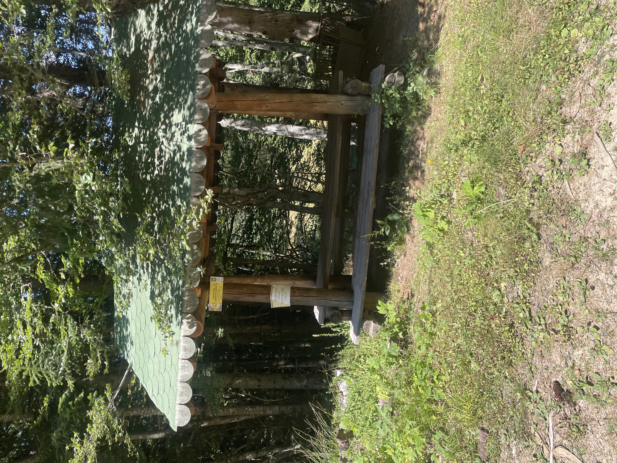 The image shows an outdoor wooden gazebo with a green, scalloped roof. The gazebo is surrounded by trees and vegetation. There are two signs attached to a support post of the gazebo. The ground is covered with dirt, gravel, and various plants, including grass and weeds. The scene appears to be a natural setting, possibly a park or a hiking trail. The location is specified as Manastir, Bulgaria.