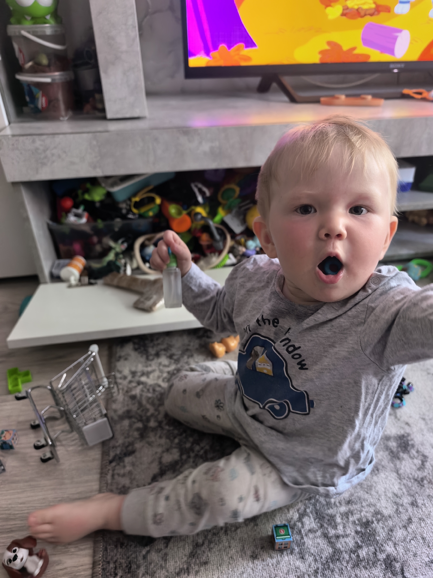 A toddler with blonde hair is sitting on a carpet, with a toy in his mouth. He is wearing a grey shirt and patterned pants. He is holding a small plastic bottle in his hand. A toy shopping cart is near him. Behind him is a drawer filled with toys, under a television. The location is not discernible from the image and the specific city information cannot be confirmed.