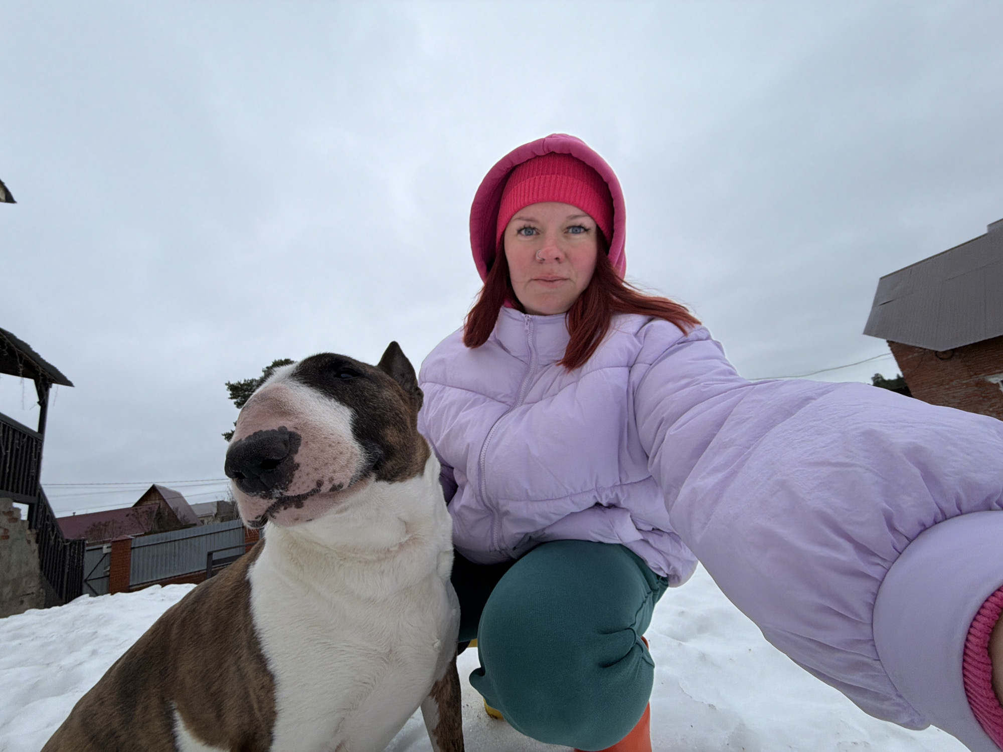 A woman is pictured outdoors with a bull terrier-type dog, likely in a residential area. The woman is kneeling in snow, wearing a lilac puffer jacket, a pink hooded hat, and green pants with orange boots visible. The dog is mostly white with brown markings on its head and body. The background shows snow-covered ground and several residential buildings of varying construction and materials. The sky is overcast and grey. The location is possibly in Chaikovsky, Russia.
