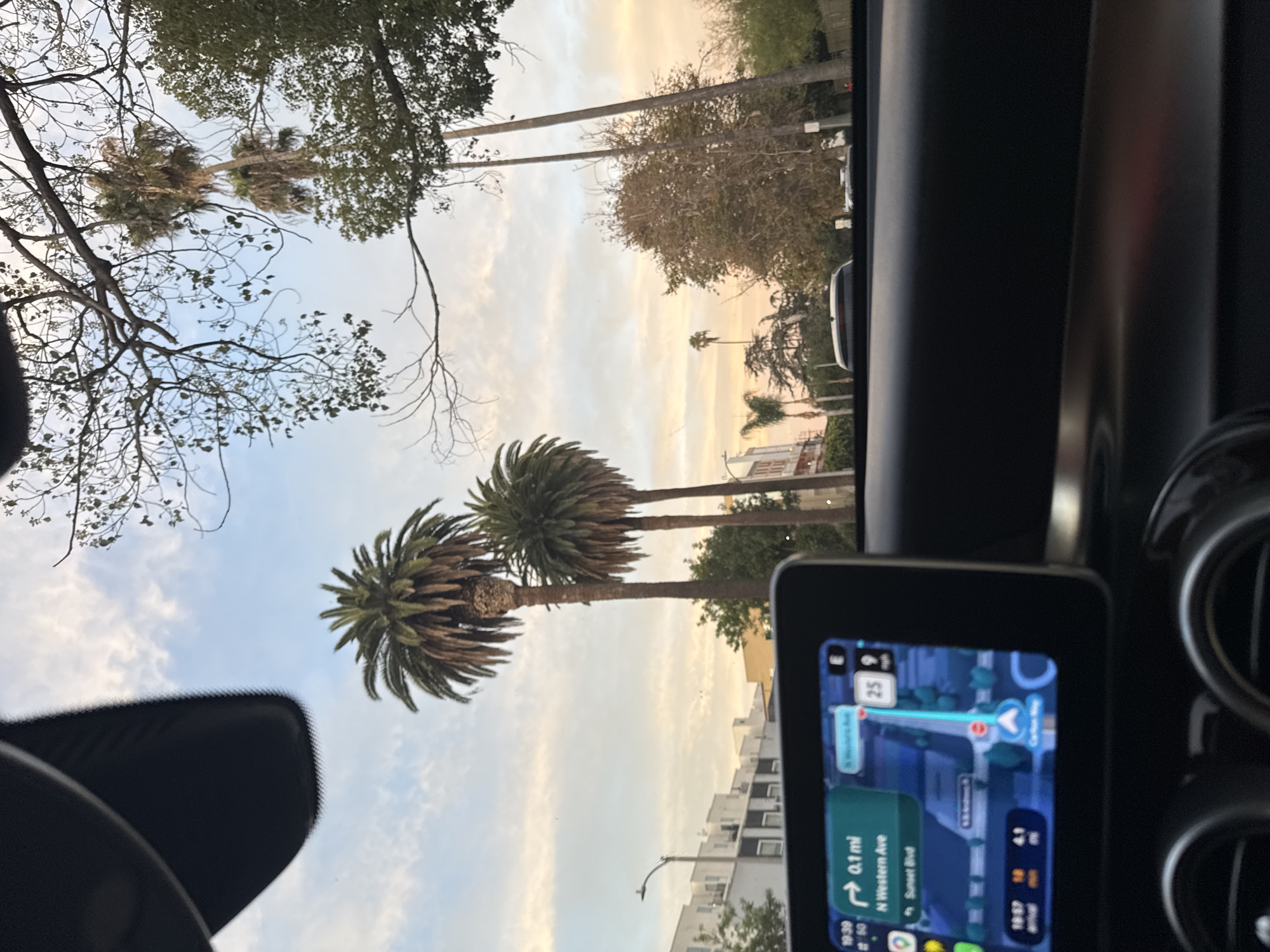 The image depicts a view from inside a car, looking out towards a street scene in Los Angeles. The sky is a soft gradient of blue and pink, suggesting it is either sunrise or sunset, with scattered clouds. Prominent palm trees line the street, with their fronds reaching towards the sky. In the foreground, a car's dashboard is visible, featuring a navigation screen displaying a map of the area. The navigation system indicates a route on N Western Ave, with a destination of Sunset Blvd. The map shows the car's current location and a route leading towards the destination. Buildings, typical of a city environment, are visible in the background, along with other cars on the road. The overall impression is a drive through a Los Angeles neighborhood during twilight.