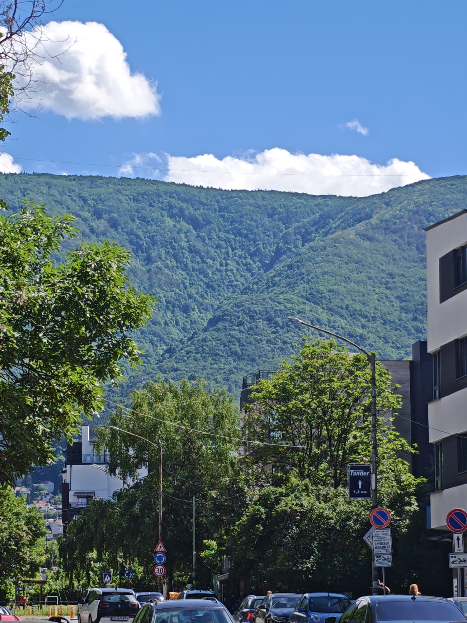 The image captures a street scene in a city with a prominent mountain range in the background. The foreground features several cars parked and driving on a street lined with trees and modern buildings. A street sign pointing upwards indicates "Tander" and "1,2 KM". Other traffic signs are visible, including a "30" speed limit sign and a roundabout sign. The buildings are modern, with clean lines and large windows. The sky is blue with scattered white clouds. The mountain range is covered in dense green foliage, suggesting a forested area. The overall impression is a city integrated with nature.