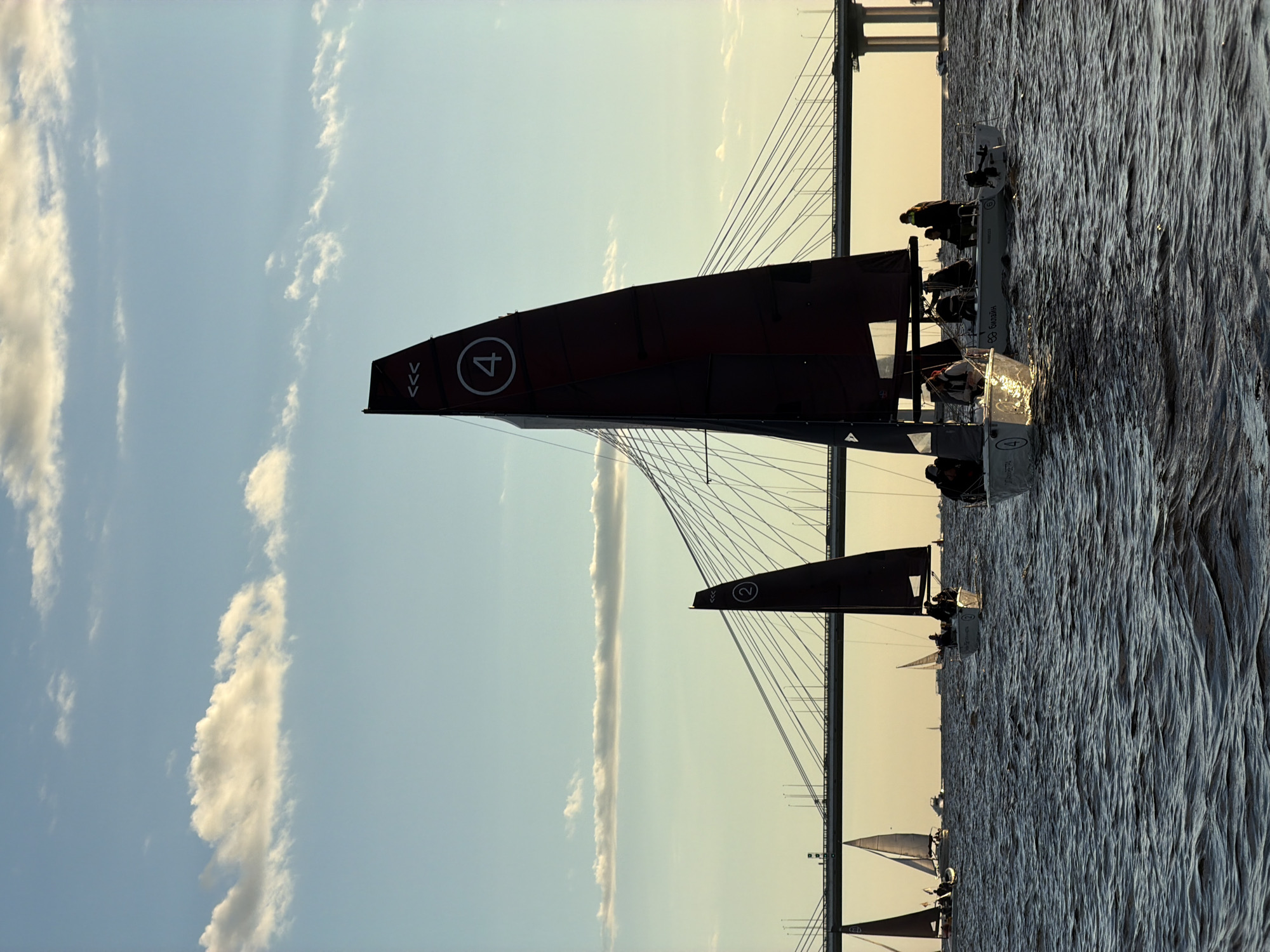 This is a photograph of multiple sailboats with dark sails navigating on a body of water, possibly the Gulf of Finland or the Neva River in Saint Petersburg, Russia. A large suspension bridge with numerous cables spans the background. The sky is a clear blue with scattered white clouds, illuminated by the warm light of a setting or rising sun. Several sailboats are visible, some with people on board. One sailboat in the foreground has a dark red sail with a white circle containing the number "4" and two sets of three inward-pointing chevrons. Another sailboat to its left has a similar dark sail with a white circle and the number "2". The water is choppy with visible waves. The scene suggests a sailing race or regatta taking place in the late afternoon or early morning.