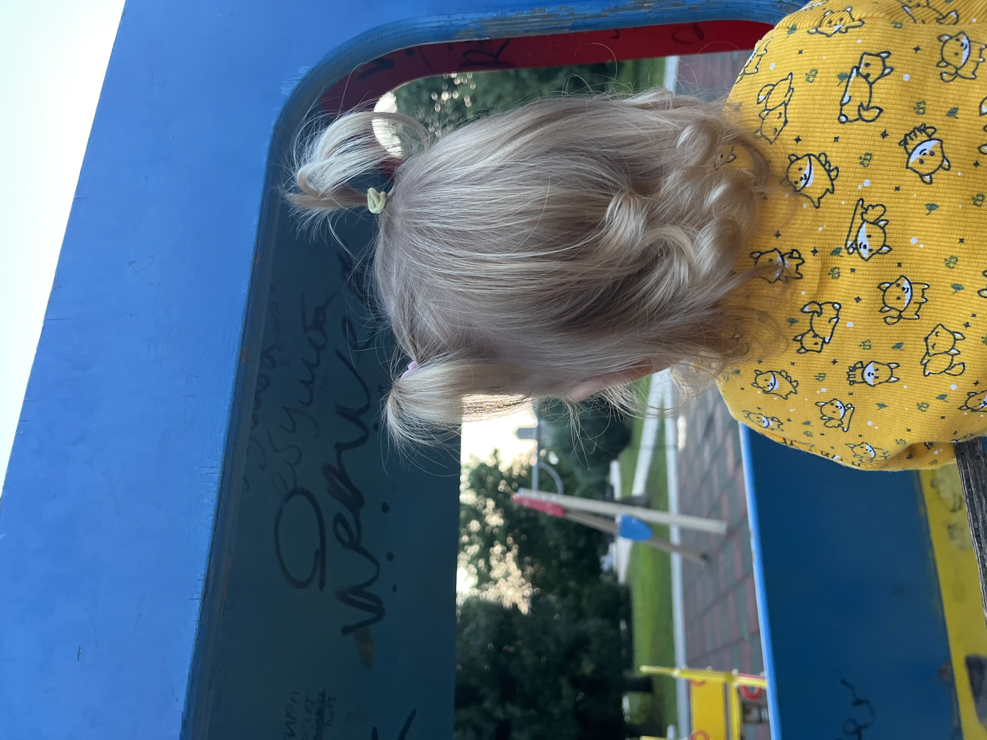 In Preobragenskaya, Russia, a young child with blonde hair styled in two pigtails looks out from inside a blue structure, possibly part of a playground or playhouse. The child is wearing a yellow long-sleeved shirt adorned with a pattern of small cartoon foxes. The background reveals a park-like setting with green trees, a swingset, and what appears to be a playground surface. The blue structure's interior surface is marked with graffiti.