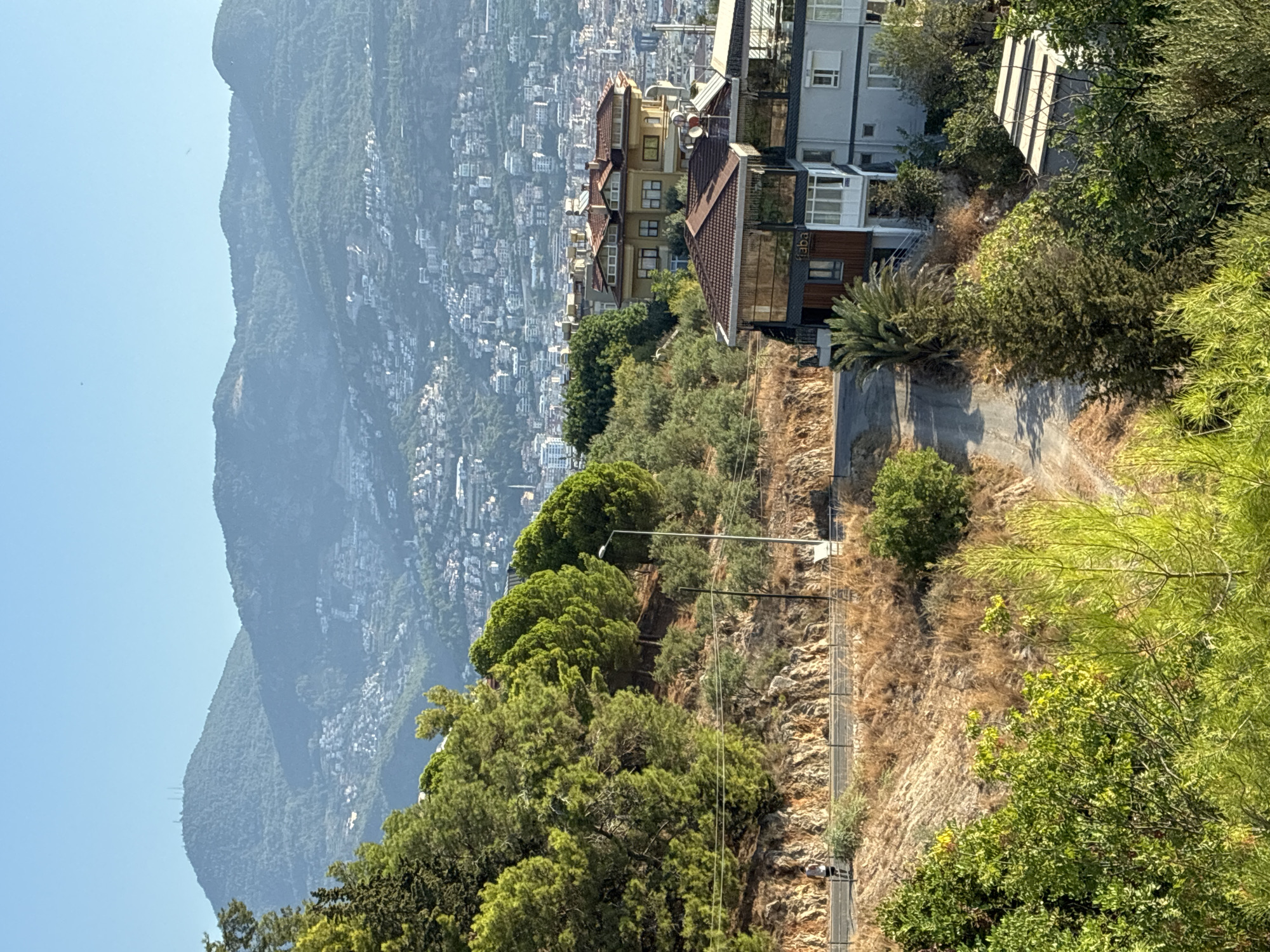 The image captures a scenic view from a hillside overlooking Alanya, Turkey. The foreground features lush green trees and dry, rocky terrain. A paved road winds up the hill, with a streetlamp and power lines visible. A lone person is seen jogging on the road.
Further down the hillside, several modern buildings are situated, some with large reflective windows. One building prominently displays the word "Faba". Beyond these structures, the densely packed cityscape of Alanya stretches out towards the sea, with numerous residential buildings climbing the hills. In the background, imposing, tree-covered mountains rise under a clear blue sky. The overall impression is one of a vibrant city nestled within a dramatic natural landscape.