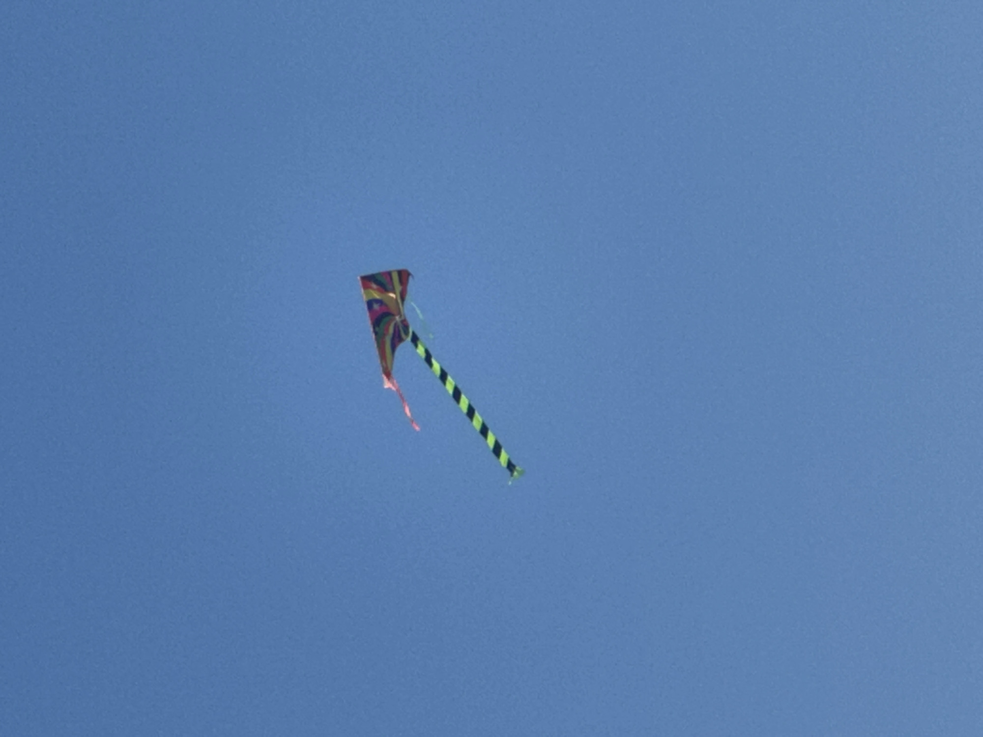 A kite with a swirling multi-colored pattern on its sail and a long black and green striped tail is flying in a clear blue sky. A small pink ribbon is attached to the top of the kite.
