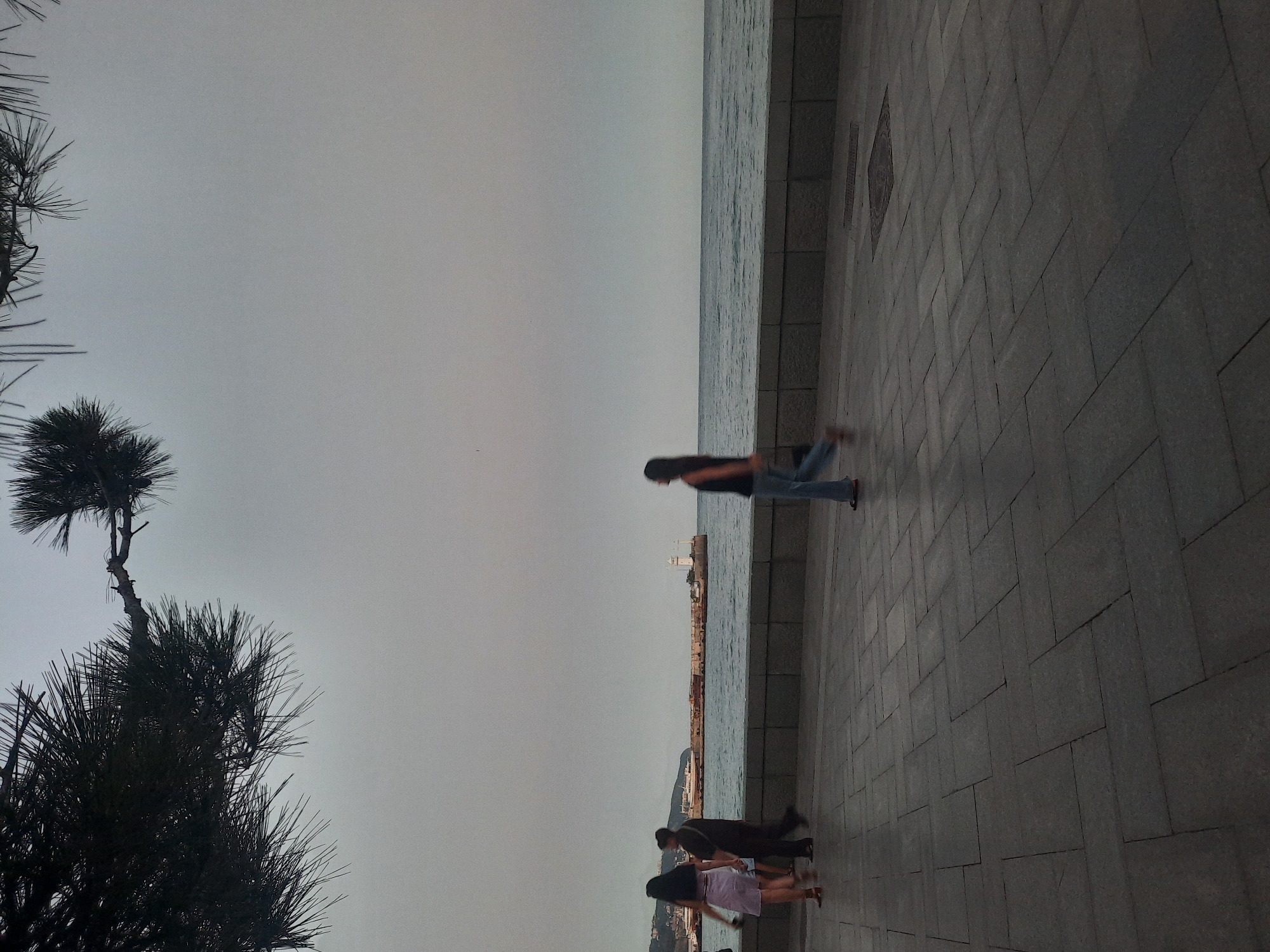 In the city of Yalta, Ukraine, a wide, grey, paved walkway runs along the waterfront under an overcast sky. To the left, a dark pine tree branch with needles hangs low over the scene. In the middle ground, the choppy blue water of the sea meets the horizon under a pale grey sky. A long, stone pier extends into the sea, with a lighthouse visible at its end. Several people are walking on the paved walkway. On the left, two women and a man are walking from left to right. One woman wears a short, light-colored dress and high heels. The man walks behind them, wearing dark clothing. Further to the right, a woman in a dark top and blue jeans walks from right to left, her form slightly blurred by motion. The walkway is made of large, grey rectangular pavers arranged in a staggered pattern. The overall atmosphere is subdued, likely due to the cloudy weather.