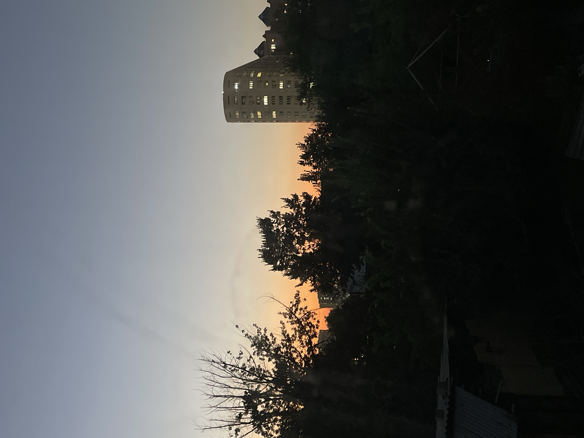 The image depicts a twilight scene with a gradient sky transitioning from a pale blue at the top to a warm orange glow near the horizon, indicative of sunset. Silhouetted against this sky are the dark forms of trees and buildings. On the right side, a distinctive, tall, curved apartment building with illuminated windows stands out, characteristic of Soviet-era architecture found in Almaty, Kazakhstan. Adjacent to it, other buildings with illuminated windows and tiered roofs are visible. In the foreground, dense foliage and the dark outlines of smaller structures, possibly sheds or a low-rise dwelling, are present. The overall atmosphere is calm and urban, viewed from a residential area.