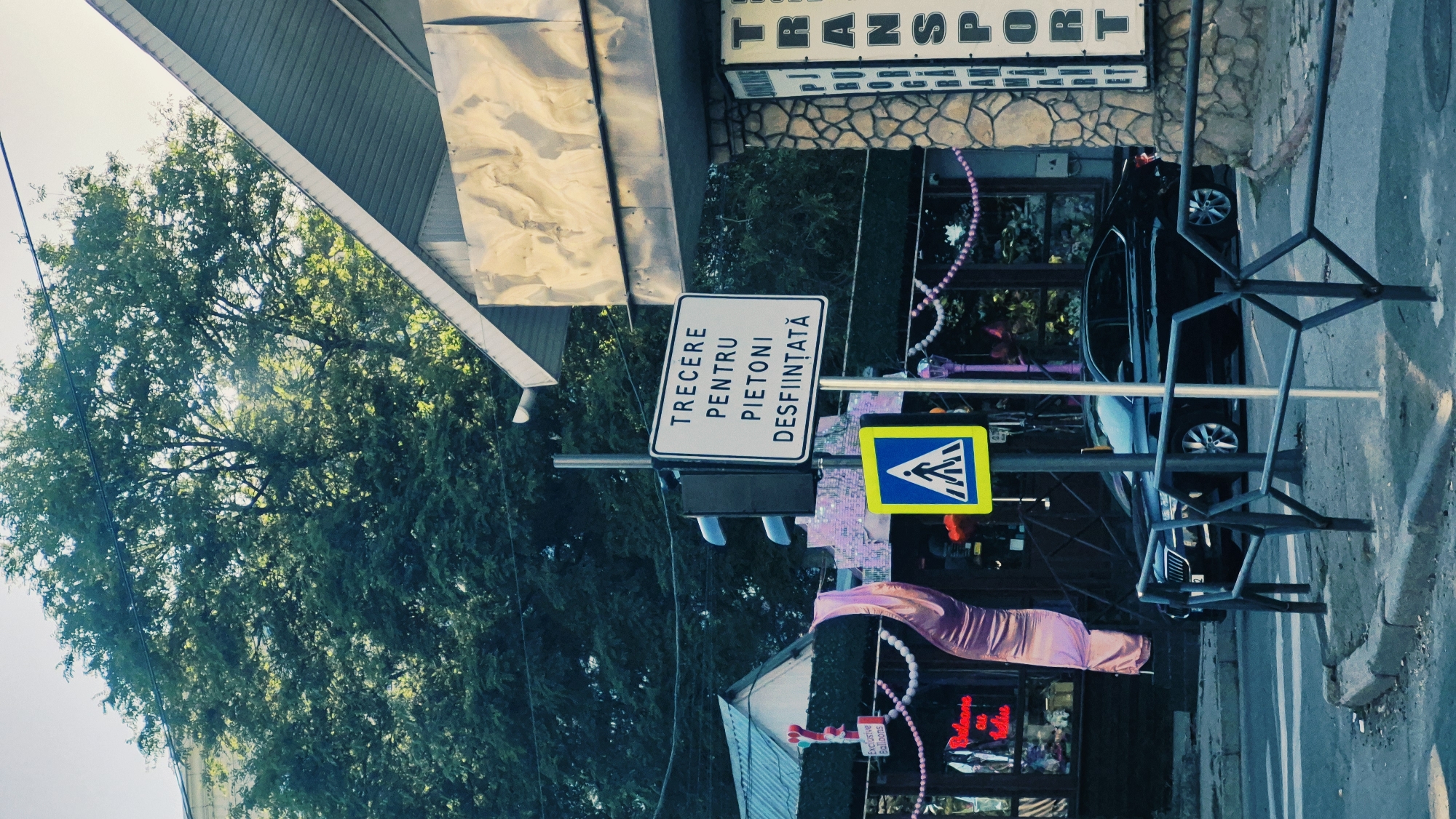 This is a rotated medium shot of a street scene in Chișinău, Moldova. The image captures a road with a curb and a sidewalk. A black car is parked on the side of the road. In the foreground, there is a metal barrier.
Dominating the center of the frame are two signs on a pole. The upper sign is rectangular and white with black text that reads "TRECERE PENTRU PIETONI DESFIINȚATĂ". Below this, a yellow square sign with a blue border displays a blue silhouette of a pedestrian crossing.
To the left, a building with a metallic roof and a stone-clad facade is visible. Trees with lush green foliage are also present, suggesting it is daytime and likely a warm season. The lighting indicates it's daytime, possibly late afternoon or early morning due to the direction of shadows.
The overall scene appears to be a typical urban environment. The signs suggest that a pedestrian crossing has been removed or is no longer in use. There are no people clearly visible in the image, but the context implies a public street where people would normally be present. The atmosphere seems neutral, focused on documenting the streetscape and its signage.