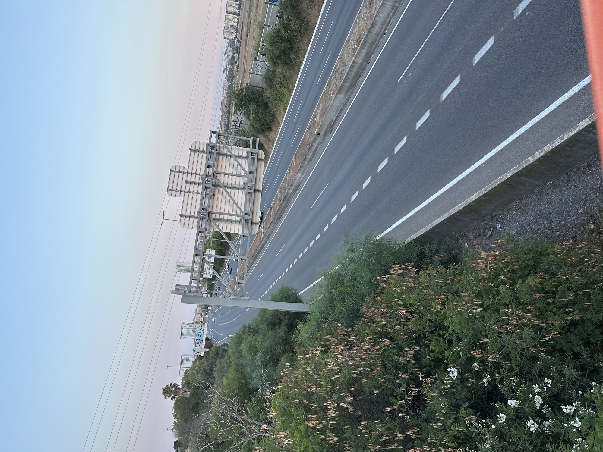 This image captures an overhead view of a highway running through an urban landscape, likely in or near Benimàmet-beniferri, Spain. The sky is a soft gradient of pale blue and pink, suggesting either dawn or dusk. A multi-lane highway dominates the scene, with vehicles present on the road. On the left side of the highway, lush green foliage and trees line the road, with some plants bearing seed pods. In the distance, several tall buildings are visible, indicating a city skyline. A large overhead sign structure, possibly for advertising or traffic information, is prominently positioned above the highway. Graffiti is visible on a wall and an overpass in the background, adding an element of urban art to the scene. The road itself is asphalt with clear white lane markings.