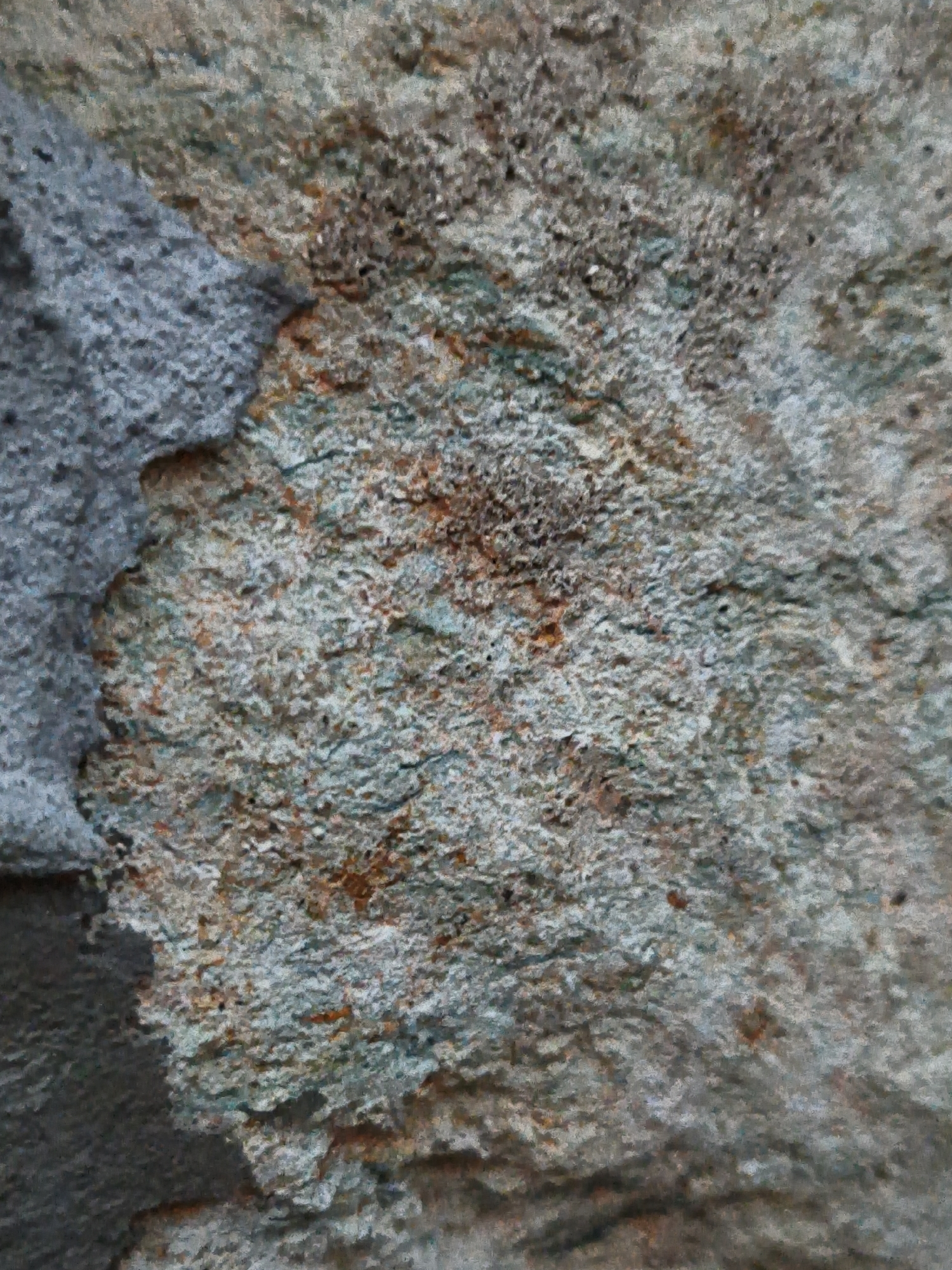 The image shows a close-up, detailed view of a weathered, textured surface. The texture is rough and appears to be a composite material, possibly a wall or a natural rock formation. There are areas of blue-gray, rust-brown, and mottled grey, suggesting age and exposure to the elements. The surface exhibits a porous quality with small pits and irregularities. The lighting creates subtle shadows that emphasize the three-dimensionality of the texture. The image is a static, abstract composition focused entirely on the surface detail. There are no people, animals, or discernible objects in the frame other than the textured material itself. The location in Steblivka, Ukraine, is not visually represented in this image, as the focus is solely on the abstract texture of the surface.