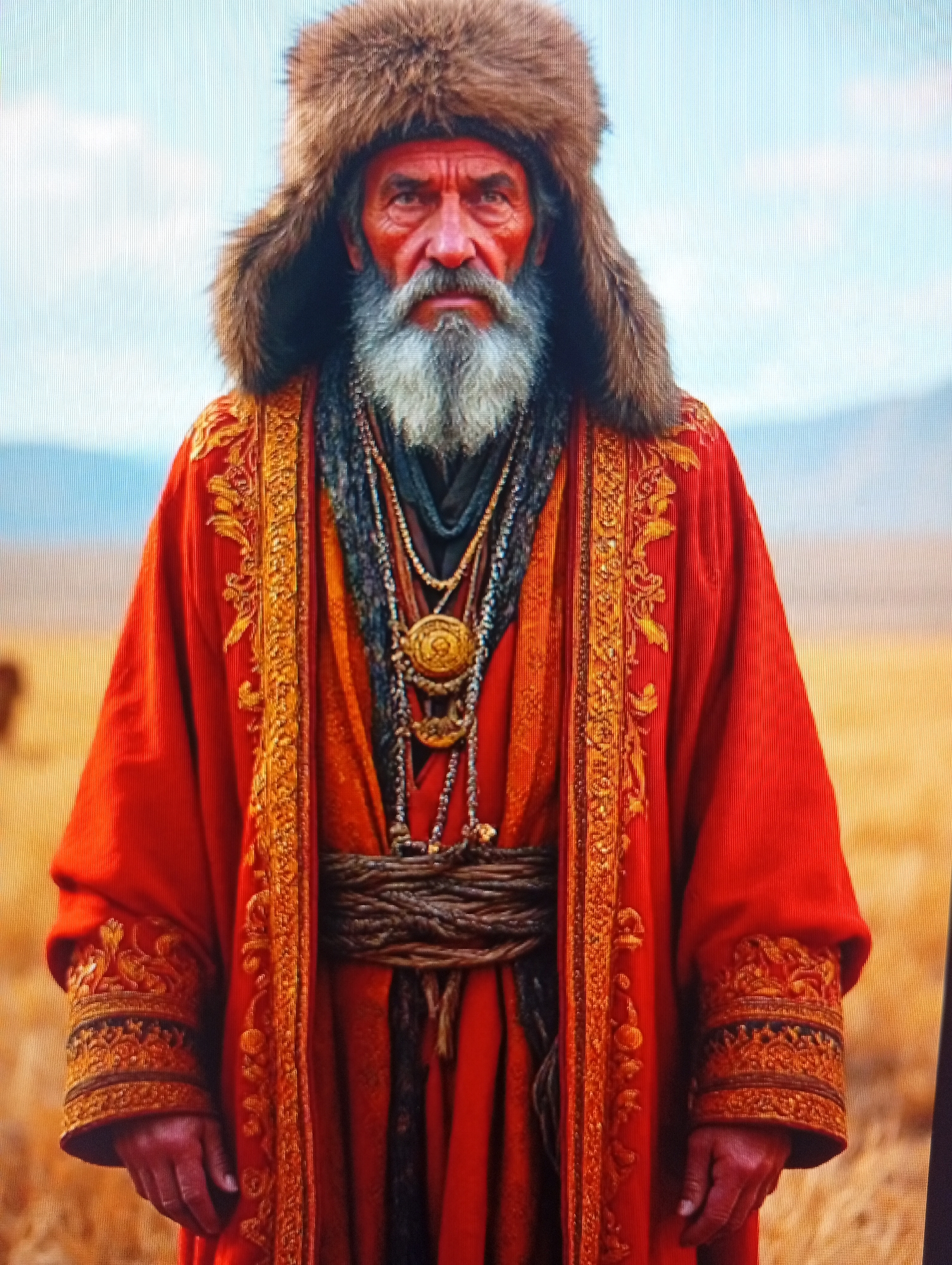 A man with a stern expression and a long, gray beard stands in the center of the frame, wearing a fur-lined hat and a vibrant red robe adorned with intricate gold embroidery. The robe is cinched at the waist with a woven belt. Multiple necklaces hang around his neck, with a large, circular golden pendant prominently displayed. His hands are visible at his sides, one resting on the robe. The background is a blurred landscape of dry, grassy terrain under a pale sky, suggesting an outdoor, perhaps arid, environment. The image is a close-up, focusing on the man and his attire.
