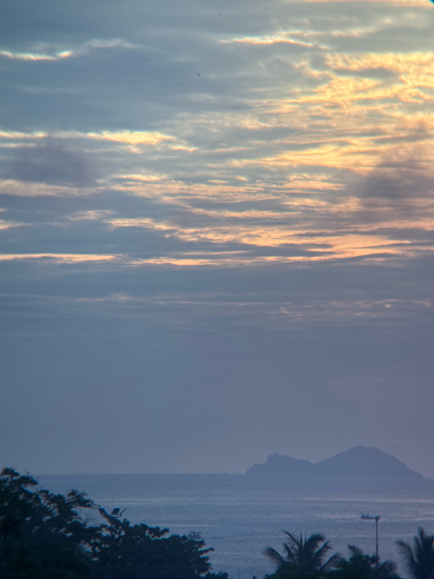 The image depicts a serene seascape with a muted color palette, characteristic of dawn or dusk. The sky dominates the upper portion, filled with layered, horizontal clouds. Hints of soft yellow and peach hues intermingle with shades of blue and gray, suggesting the subtle glow of the rising or setting sun.
Below the sky, a vast expanse of calm, blue water stretches to the horizon. In the distance, a silhouetted island or a group of islands emerges from the haze, their forms indistinct against the sky.
The foreground features the dark silhouettes of lush vegetation, including what appear to be palm trees, framing the lower part of the scene. A single, thin lamp post stands tall near the right edge of the frame, its purpose unclear in this natural setting.
The image conveys a sense of tranquility and natural beauty. While the specific location in Nha Trang is not explicitly identifiable from the visual elements alone, the presence of coastal scenery, islands, and palm trees are common features of the city's coastline. The overall impression is one of a quiet, atmospheric coastal landscape.
