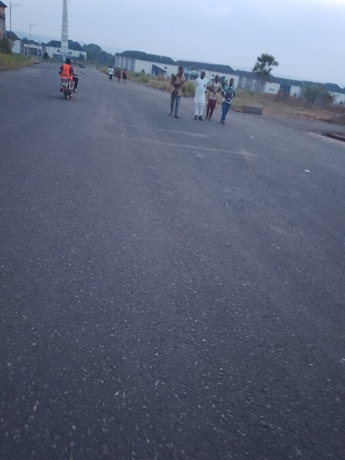 The image shows a paved road in Ogboko, Nigeria. A motorcyclist wearing an orange vest is driving away from the camera. Four men are walking along the side of the road, and a group of people are running in the distance. There are buildings visible in the background, and a tall tower is also present. The sky is overcast.