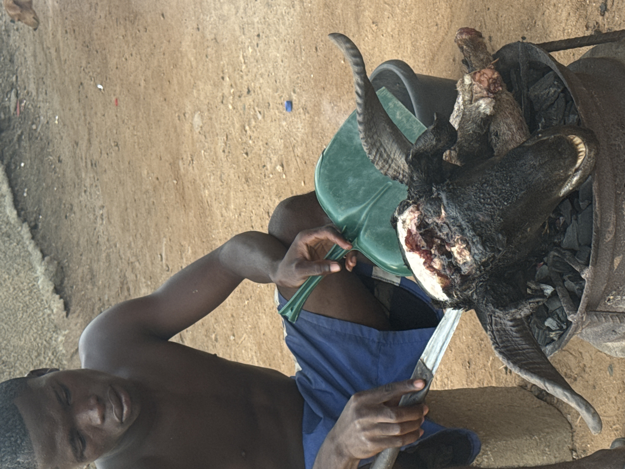 A man, shirtless and wearing blue shorts, sits outside in a dry, dusty environment. He holds a knife to the severed head of a goat or ram with large horns. The animal's head rests on a green plastic stool positioned above a container holding charcoal and what appear to be cooked remains. There is a small blue object on the ground. The location is Yelwa, Nigeria.