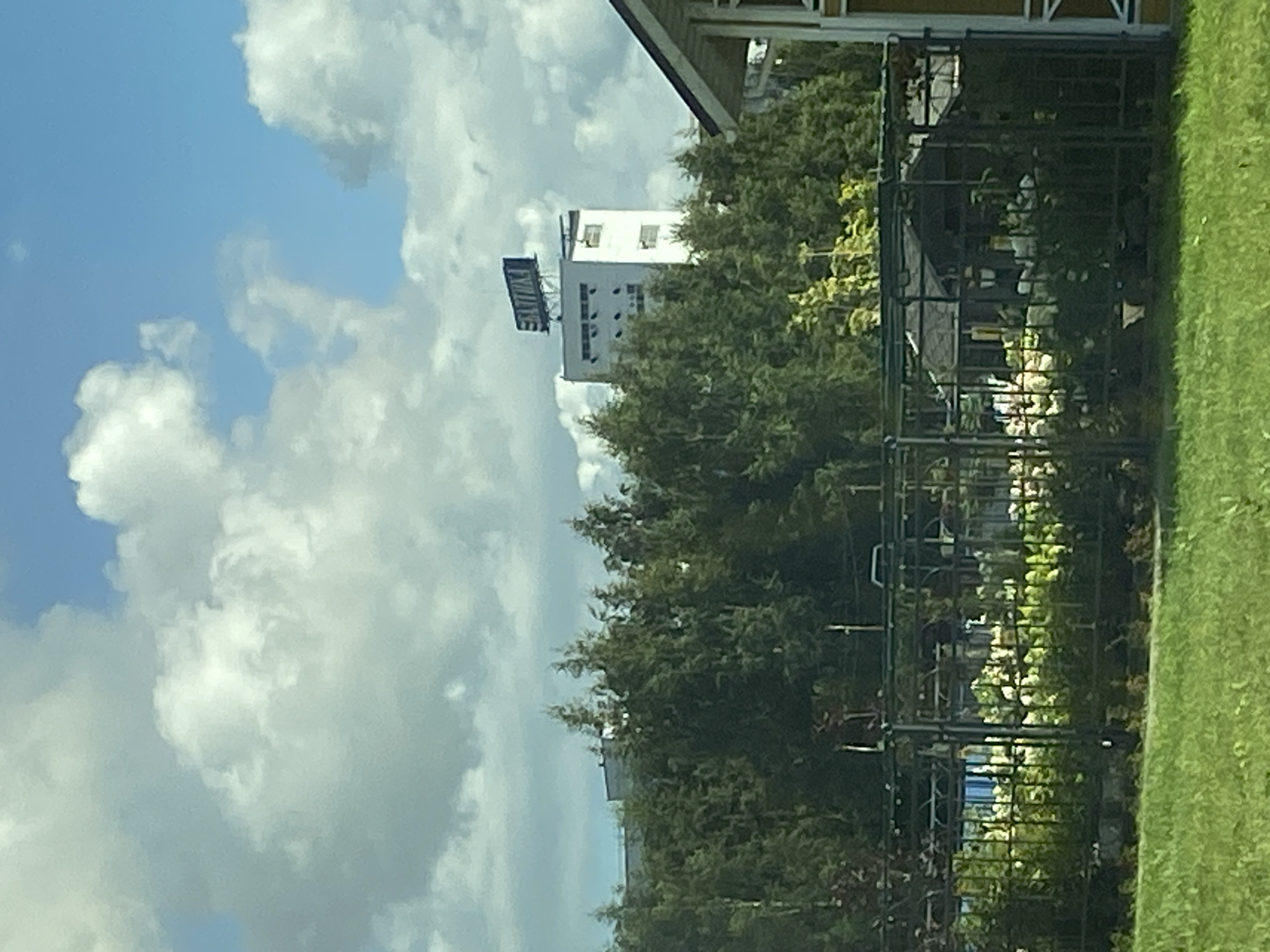 The image shows a building with a sign that reads "SATUMAX" on top. The building is white with several windows and a darker rectangular section on top. It is surrounded by trees. In the foreground, there is a black metal fence with green foliage and white flowers behind it. To the right, part of a wooden structure with a roof is visible. The sky is blue with white and gray clouds. The scene appears to be in a suburban or rural setting, not clearly identifiable as a city location.