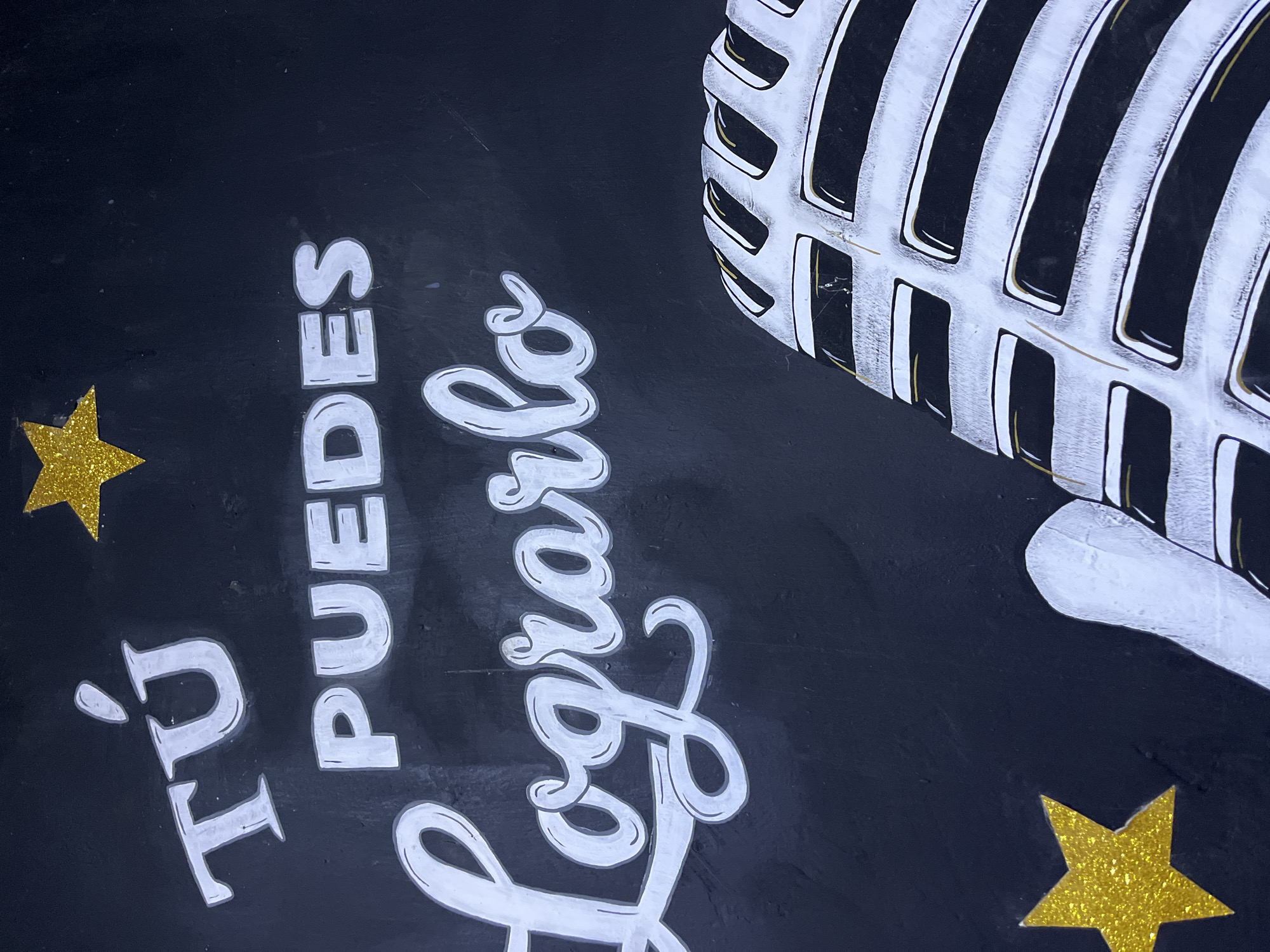The image displays a dark, textured surface, possibly a wall or chalkboard, adorned with white chalk-like lettering and two gold glitter stars. The text, written in Spanish, reads "TÚ PUEDES Lograrlo," which translates to "YOU CAN Achieve it." The lettering is stylized, with a shadow effect adding depth. The word "Tú" is at the top left, followed by "Puedes" centered below it, and the long, flowing word "Lograrlo" takes up the majority of the bottom left and center of the frame. In the bottom right quadrant of the image, a portion of a vintage-style microphone is visible. It is rendered in white with black and gold accents, featuring a prominent grille. The overall impression is one of encouragement and aspiration, possibly a motivational message displayed in a public space. The specific location in Santa Ana, Venezuela, is not determinable from the image itself.