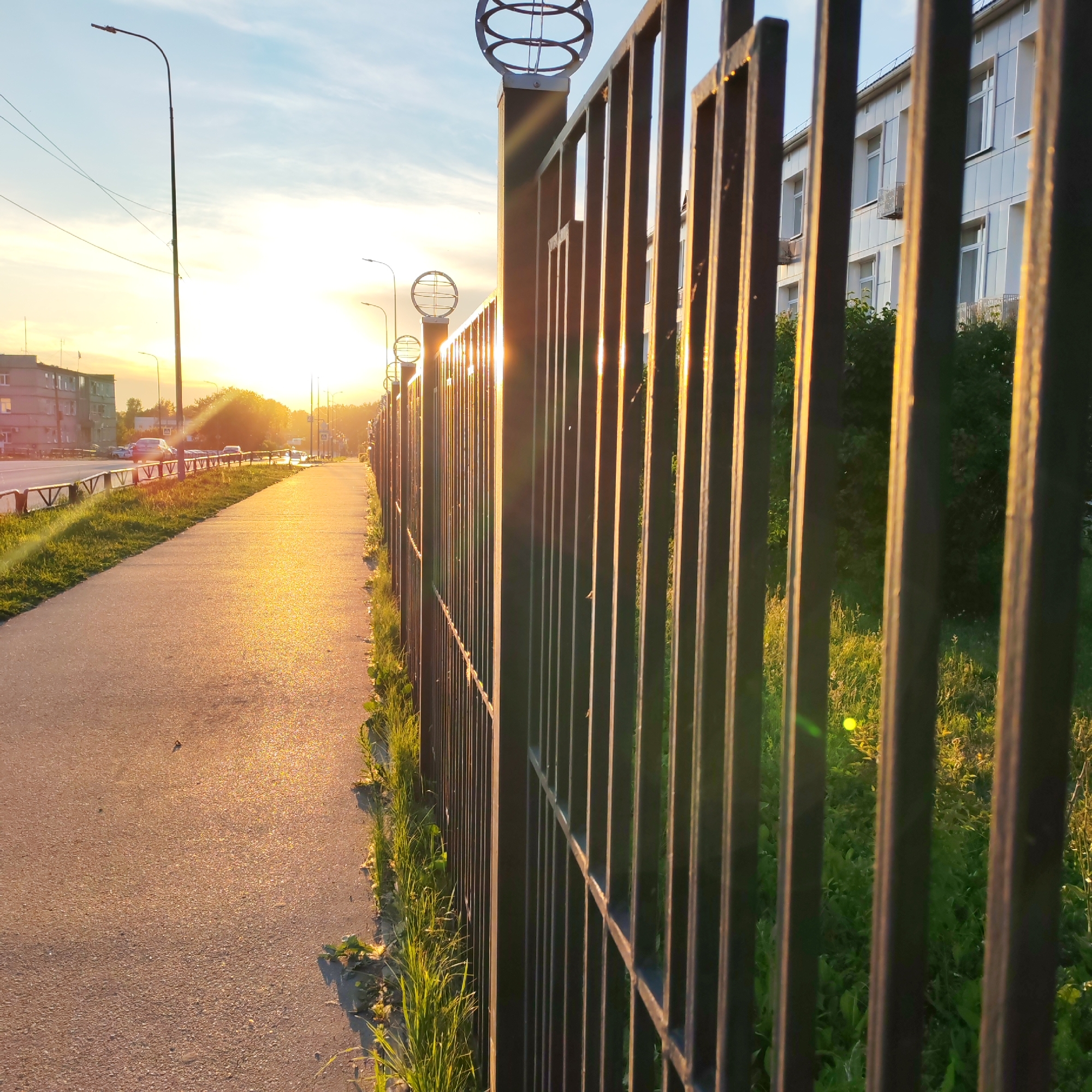The image depicts a sidewalk and a fence along a street in Chaikovsky, Russia, during sunset. The sun casts a golden glow on the asphalt sidewalk, which curves to the left. A dark metal fence with vertical bars runs along the right side of the sidewalk, separating it from a patch of green grass and some trees. In the background, a multi-story building with white siding and numerous windows can be seen. Streetlights with decorative spherical tops are visible along the fence line, and a larger streetlight stands further down the road. Cars are present on the street, some moving and others parked. The sky is a clear blue with a few wispy clouds, and the setting sun is a bright, diffused light source. The overall scene is one of a quiet urban street bathed in the warm light of the setting sun.