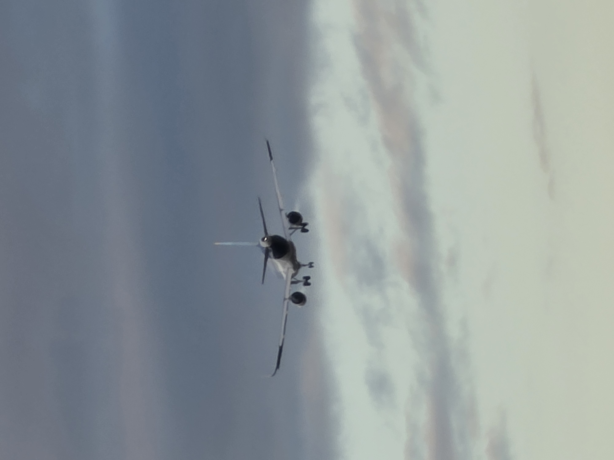 An airplane is captured in mid-flight against a cloudy sky. The aircraft is facing the camera, with its landing gear extended, suggesting it is either preparing to land or has just taken off. The sky is a mixture of dark gray and lighter, pastel-colored clouds, indicating a potentially overcast or twilight condition. The airplane itself is predominantly white with a dark underside and engines. Its tail fin is clearly visible, pointing upwards. The scene appears to be an aerial view, not specifically tied to the city of Flörsheim, Germany, as there are no identifiable landmarks or urban elements present in the image.