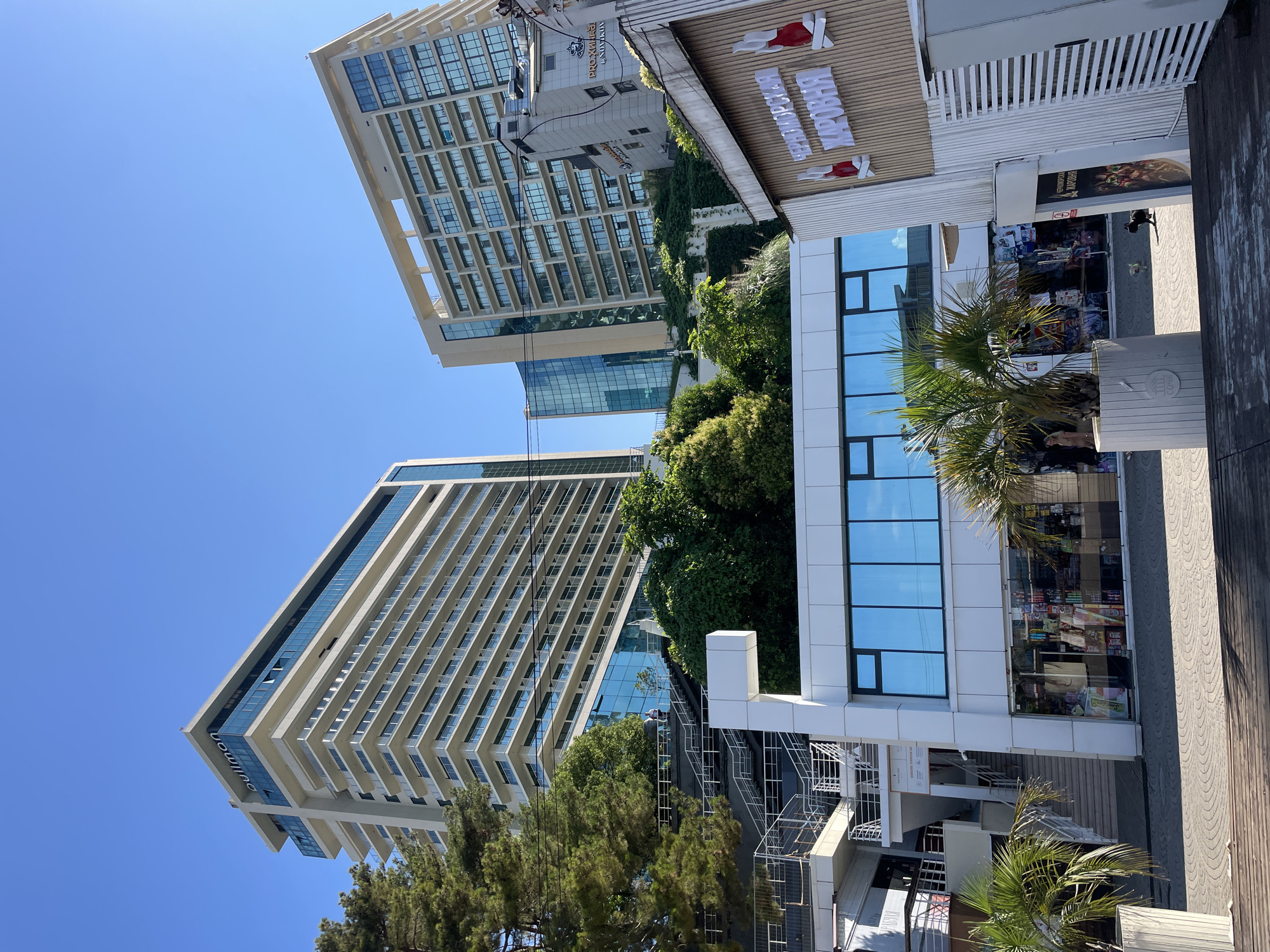 The image depicts the Pullman Sochi Centre hotel, a tall, modern building with many floors and balconies, situated on a hillside in Sochi, Russia. The hotel's facade is primarily white with prominent blue windows and signage that reads "pullman". Adjacent to the Pullman is another modern building with similar architectural features. In the foreground, there is a white multi-story structure with large blue windows, possibly a retail or commercial space. In front of this structure, there is a paved walkway with palm trees in planters. Further to the right, a smaller building with a sign displaying Russian text and stylized images of flames can be observed. The sky is clear and blue, indicating a sunny day. The scene appears to be a commercial district or a resort area, with a blend of modern architecture and natural greenery. Two dogs are visible on the walkway in the mid-ground.
