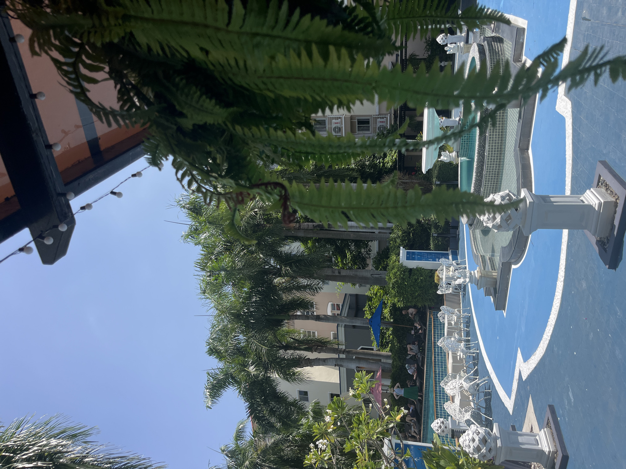This image depicts a resort swimming pool area with a bright blue surface, accented by white borders. Several white tables and chairs are arranged on the blue surface, suggesting an outdoor dining or seating area. In the background, palm trees and lush greenery are visible, with a multi-story building behind them. A fountain is situated in the pool, surrounded by decorative white statues on pedestals. The sky is clear and blue, indicating a sunny day. Hanging ferns in the foreground partially obscure the view of the pool and the building. The scene appears to be located in Bang Sao Thong Subdistrict, Thailand, given the context provided. There are no people clearly visible in the immediate foreground or engaging in any specific actions. The overall atmosphere is one of a tropical resort setting.