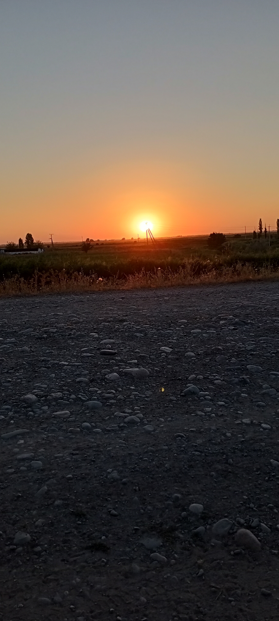 The image depicts a rural landscape at sunset, with the sun low on the horizon casting an orange glow. In the foreground, a gravel road is visible, covered in various sized stones and pebbles. Beyond the road, a field stretches out, with tall grasses and some scattered vegetation. In the middle ground, there are a few power poles and some distant trees, suggesting a sparse rural settlement. The sky transitions from a pale blue at the top to a warm orange near the horizon, illuminated by the setting sun. The overall scene is peaceful and serene, indicative of a quiet evening in a rural area, possibly in or around Aral, Kyrgyzstan, given the presence of power lines typical of such regions. There are no people or animals clearly visible in the image.