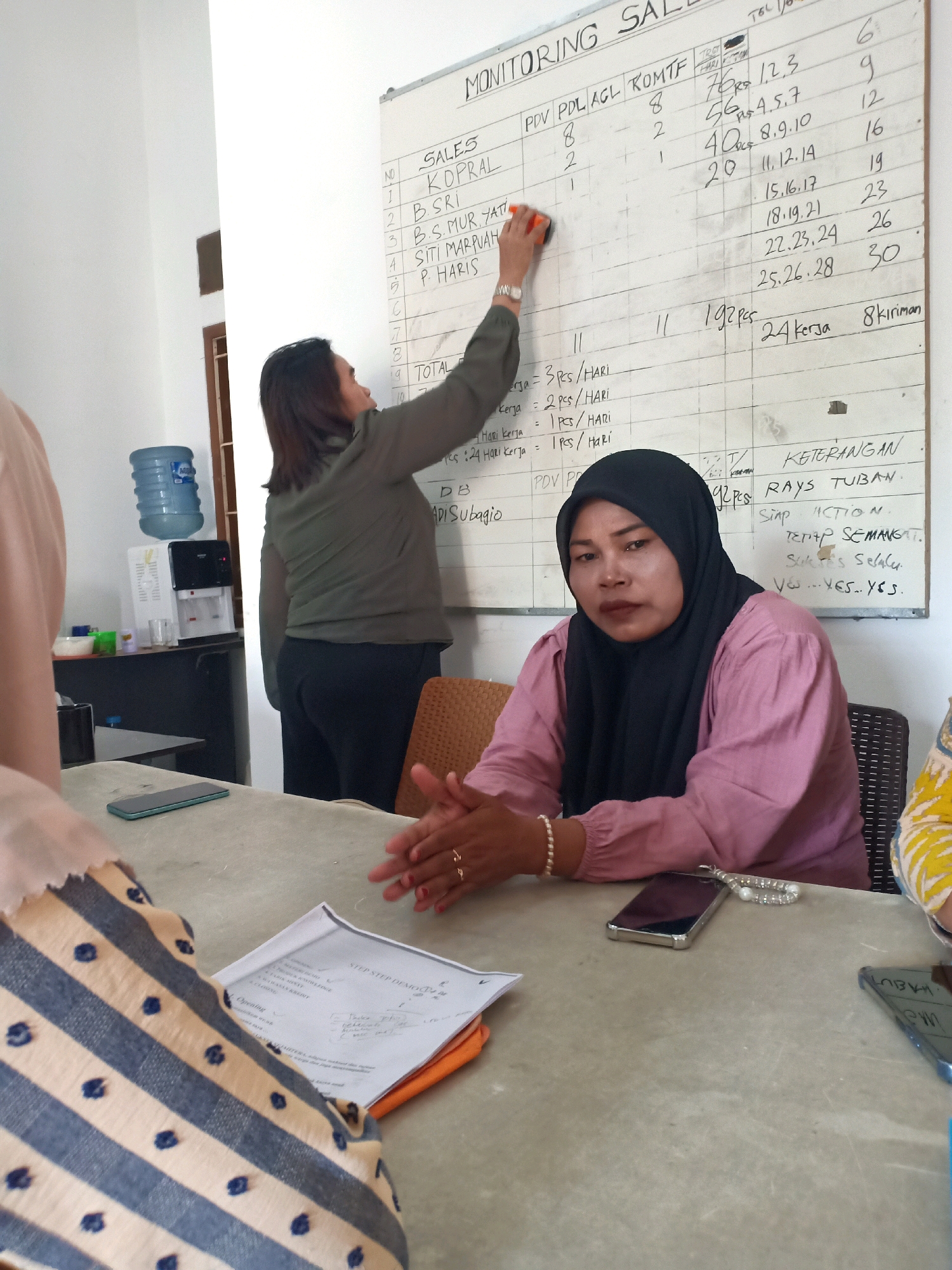 In a brightly lit indoor space, potentially an office in Tuban, Indonesia, a woman in a green jacket is erasing a whiteboard as another woman in a pink hijab and blouse looks towards the camera. The whiteboard displays columns labeled "SALES," "PDV," "PDL," "AGL," and "KOMTF," with handwritten entries beneath. Numbers are scrawled in a date-like format in the rightmost column, and a section on the bottom right lists "KETERANGAN," "RAYS TUBAN," "SIAP ACTION," and "SUKSES SELALU," indicating a business or training setting, possibly related to sales or performance monitoring.
The woman erasing the board is actively engaged in her task, her arm extended. The woman in the hijab is seated at a table, her hands clasped, and she appears to be a participant or observer in the activity. On the table, there are two smartphones, one silver and one dark-colored, and a stack of papers. The room appears functional, with a water cooler and dispenser visible in the background. The overall impression is one of a work-related meeting or presentation taking place.