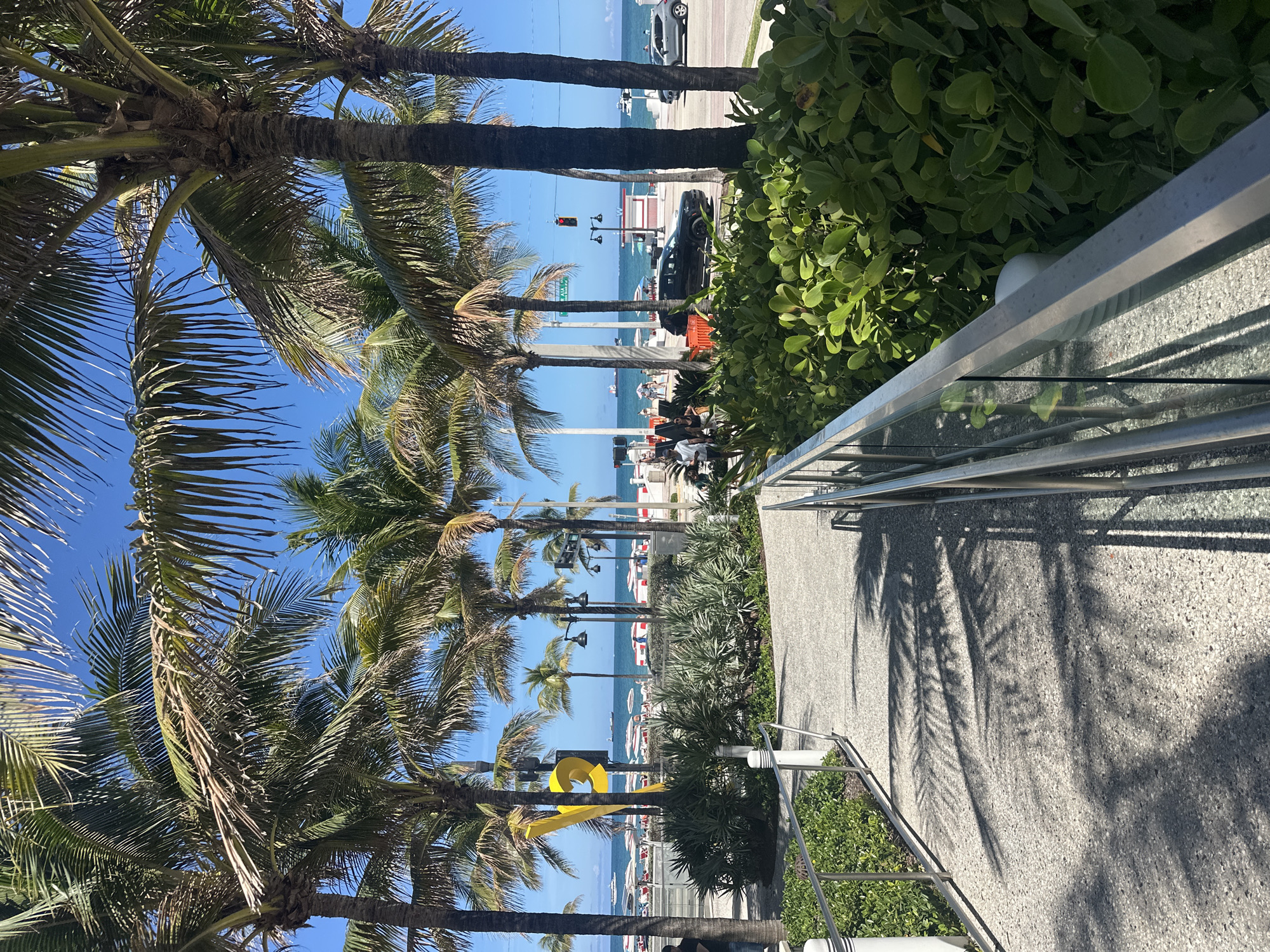 The image shows a view toward the beach in Fort Lauderdale, Florida, USA. Palm trees line the beach. A yellow sculpture is visible among the trees. A road with cars is beside the beach and several people are sitting near the beach. A pathway with a metal handrail and glass is on the right side of the image. Shadows of palm trees are visible on the pavement. Green bushes grow on both sides of the pathway.