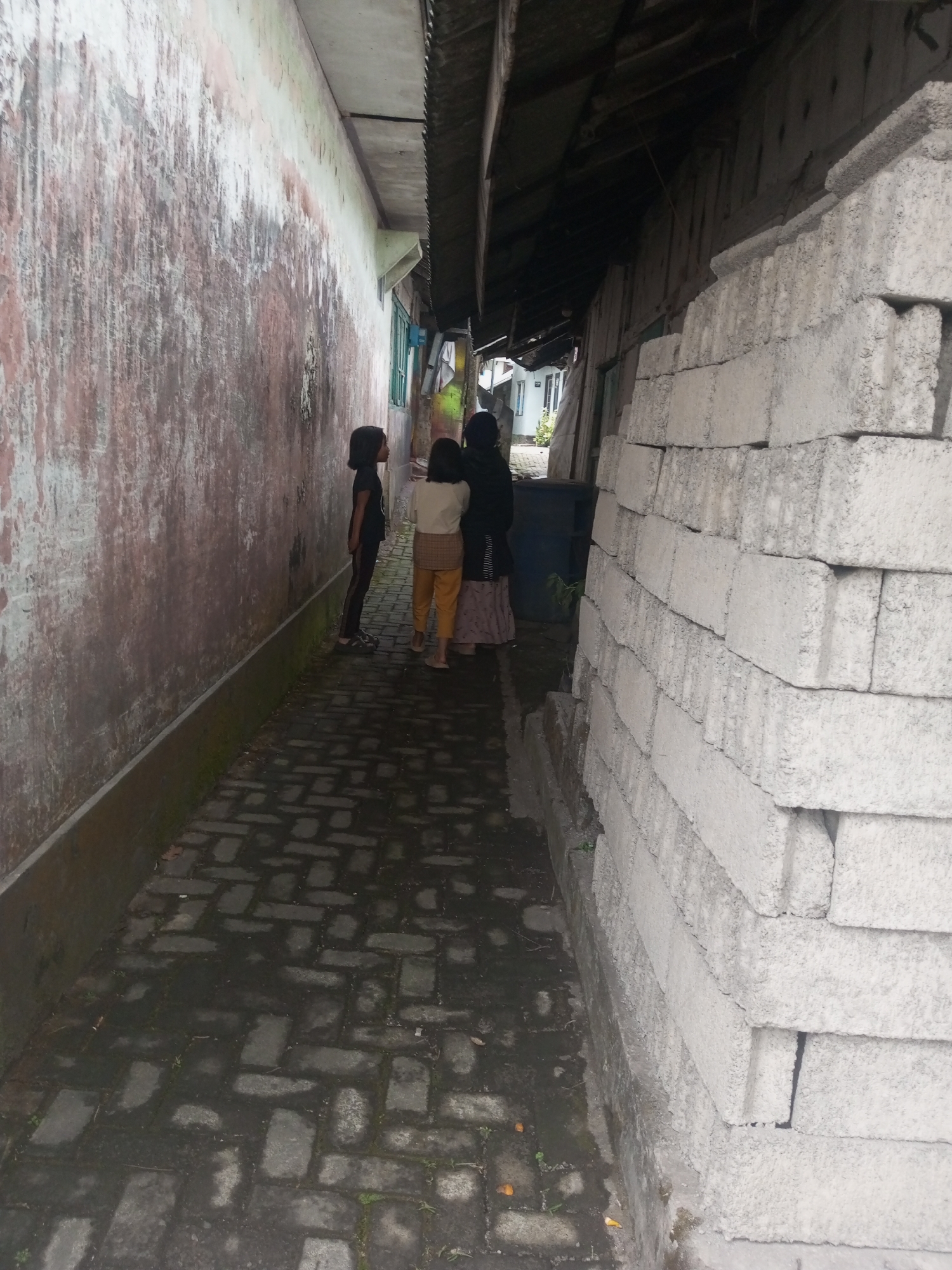 A narrow alleyway in Andongsili, Indonesia, is depicted. The alley is paved with dark, interlocking bricks, some of which are covered in moss or are wet. On the left side of the alley, a weathered wall with streaks of pink and white paint is visible. On the right side, a tall stack of rough, pale grey cinder blocks forms a wall. Two young children and an adult, all facing away from the camera, are walking down the alley. The child on the left is wearing a black t-shirt and dark pants. The child in the middle is wearing a cream-colored shirt and yellow pants. The adult on the right is wearing a black headscarf and a patterned skirt. The alley is partially covered by a dark corrugated roof. The overall impression is one of a utilitarian, possibly residential, outdoor space.