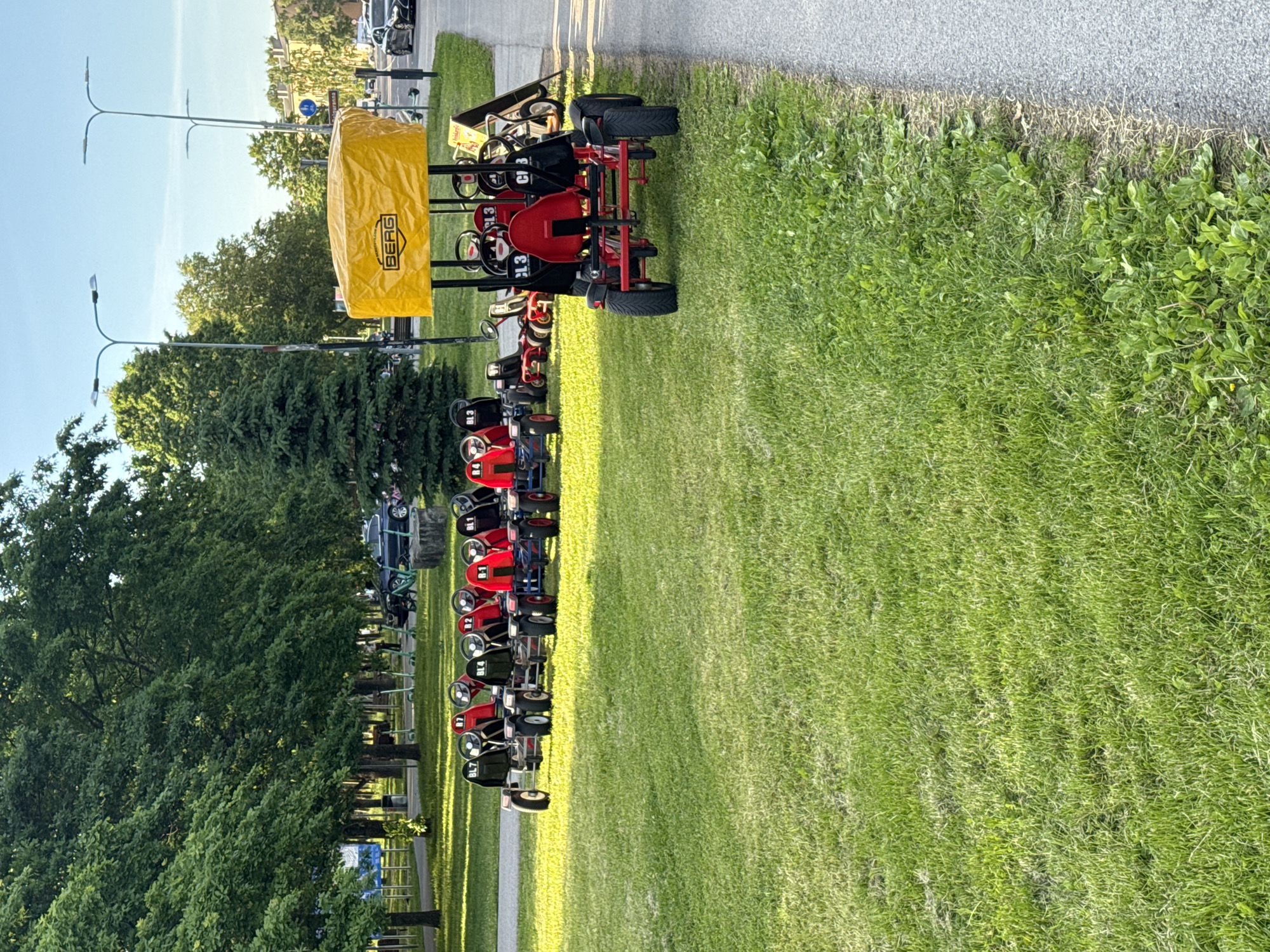 The image depicts a row of red and black pedal go-karts parked on a grassy area next to a paved walkway. One go-kart, in the foreground, is a larger four-seater model with a yellow canopy that reads "BERG". The other go-karts are smaller, two-seater models, some with red seats and others with black seats. Many of them have alphanumeric labels on their backs, such as "BL7", "BL4", "BL3", and "BL1". In the background, there are tall trees, streetlights, and some buildings visible. A street with cars and scooters is also present in the distance. The scene appears to be a park or recreational area. The presence of the "BERG" logo suggests this is likely a rental facility for these go-karts. Given the context of go-kart rentals and park-like settings, this scene is consistent with a location in Tallinn, Estonia, potentially a park like Kadriorg Park or Pirita beach area, which offer such recreational amenities. However, without specific signage or landmarks that confirm the exact location, it is difficult to pinpoint the precise spot within Tallinn.