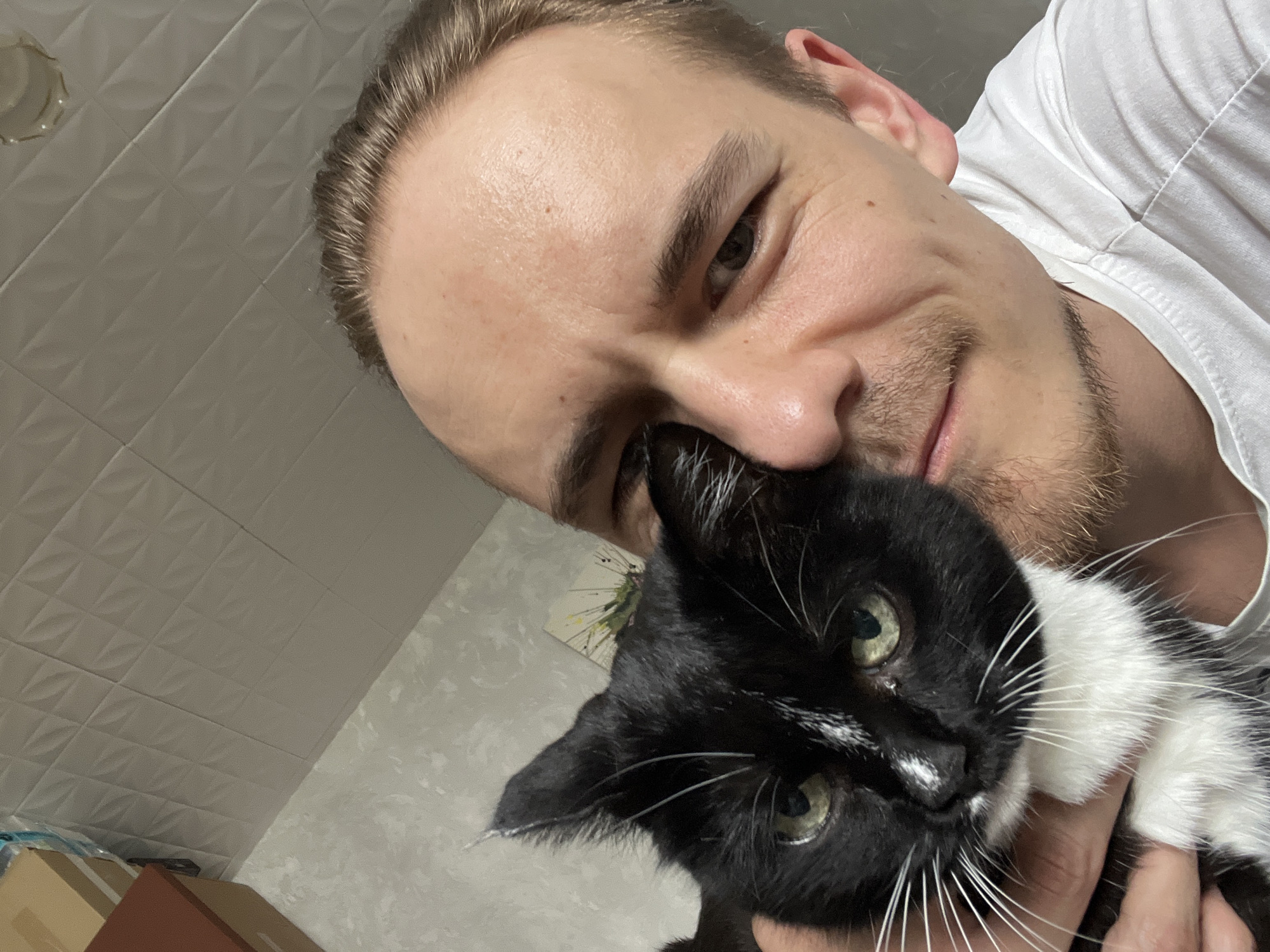 A man and a black and white cat are posing for a selfie in an indoor setting. The man, with light brown hair and a light beard, is wearing a white t-shirt. He is holding the cat close to his face, and the cat's head is turned towards the camera. The cat has green eyes and white whiskers. The background appears to be a wall with a textured pattern and some framed artwork. The location in Moscow, Russia is not discernible from the image.
