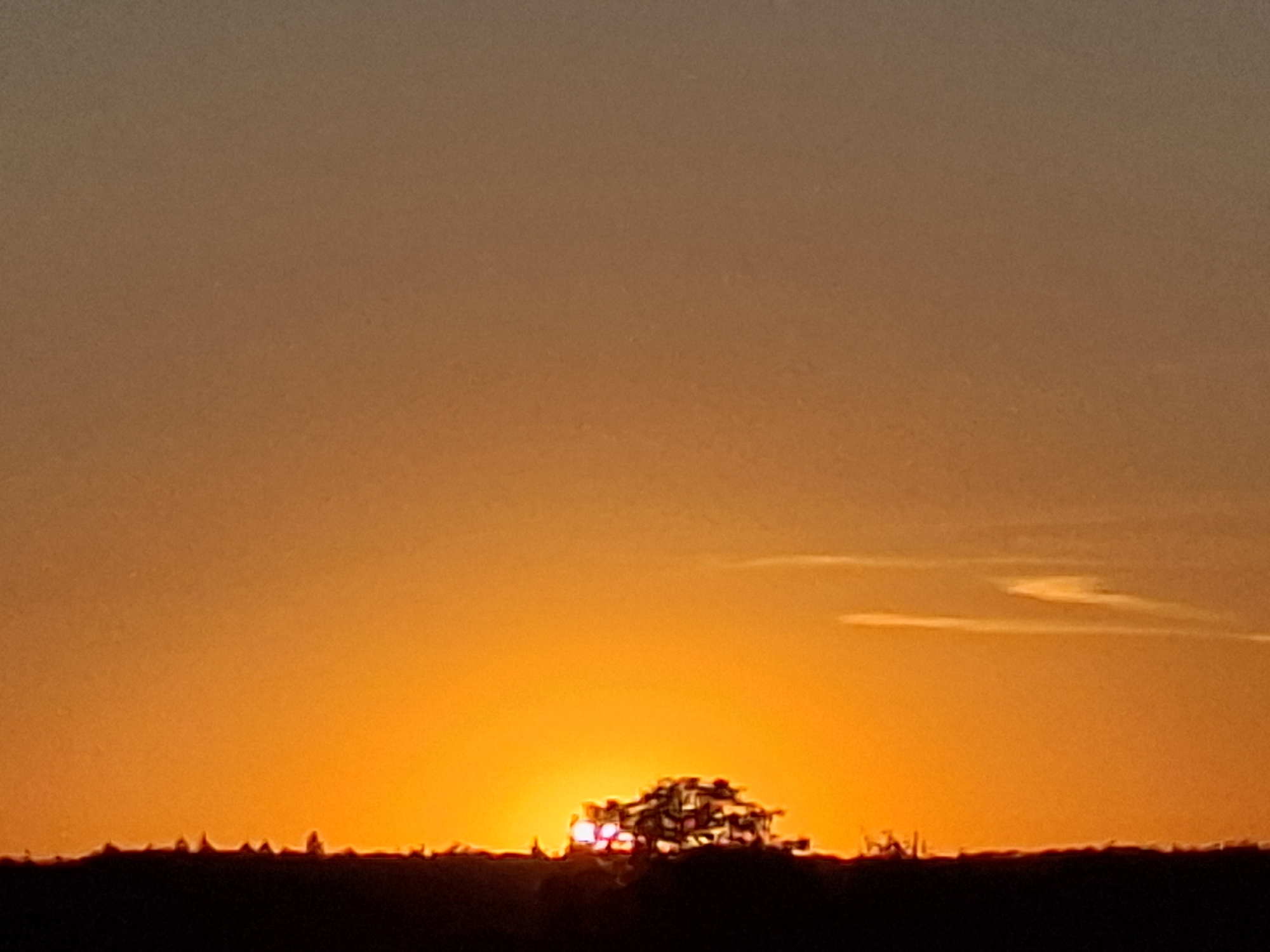 A silhouette of a tree and the horizon against an orange and brown gradient sky during sunset. The lower portion of the image depicts a dark, silhouetted landscape, possibly fields or a gentle slope, with a distinct tree shape in the center. The sky transitions from a bright orange at the horizon to a muted brown at the top, indicating the sun is setting or has just set. No people or specific landmarks are visible.