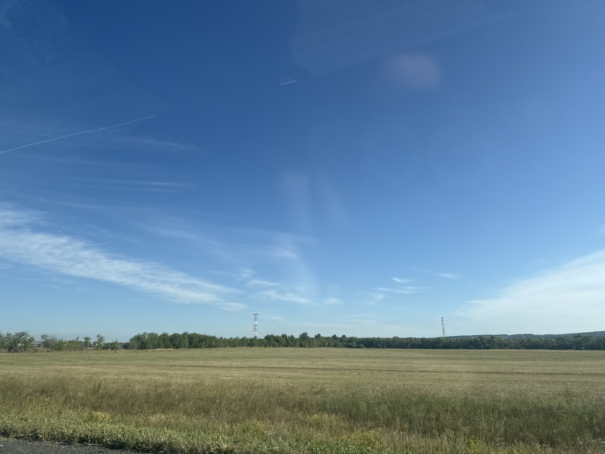 This is an image of a vast, flat, grassy field under a clear blue sky with scattered white clouds and a faint contrail. In the distance, a line of trees forms a natural boundary, behind which are some buildings and a radio tower. The foreground is dominated by dry, golden-brown grass. The image appears to have been taken from a moving vehicle, as evidenced by the slight blur in the foreground. The location is stated to be Gamaleevka-1, Russia, suggesting a rural or semi-rural setting. There are no people or animals visible in the image.