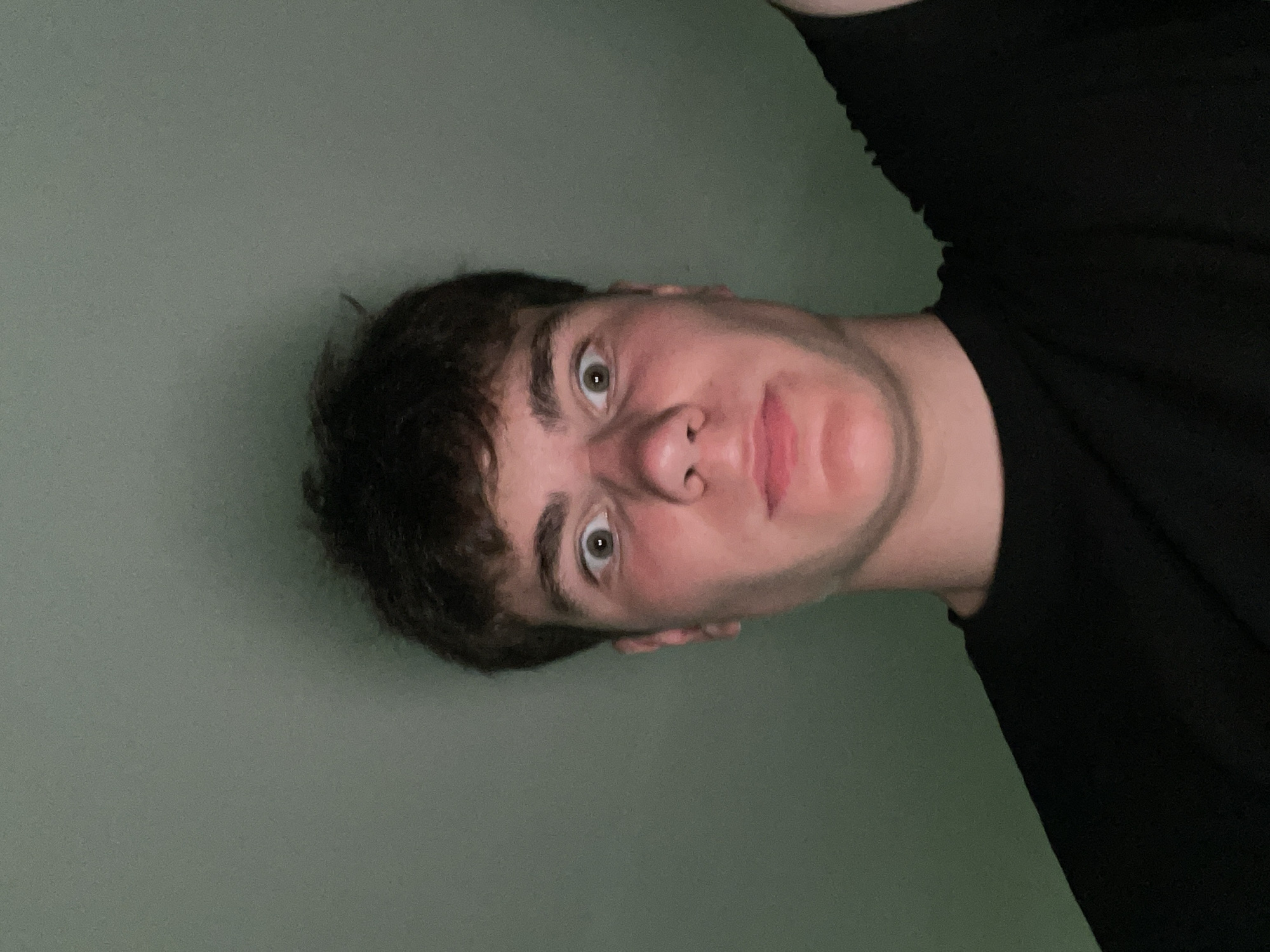 The image is a close-up, front-facing selfie of a young male with dark, short hair and wide, surprised eyes. He is wearing a black t-shirt. The background is a plain, muted green wall. The lighting is from above and appears to be artificial, casting a shadow on the wall behind him. There are no other discernible objects or people in the image. The location is not specified or discernible from the image itself.