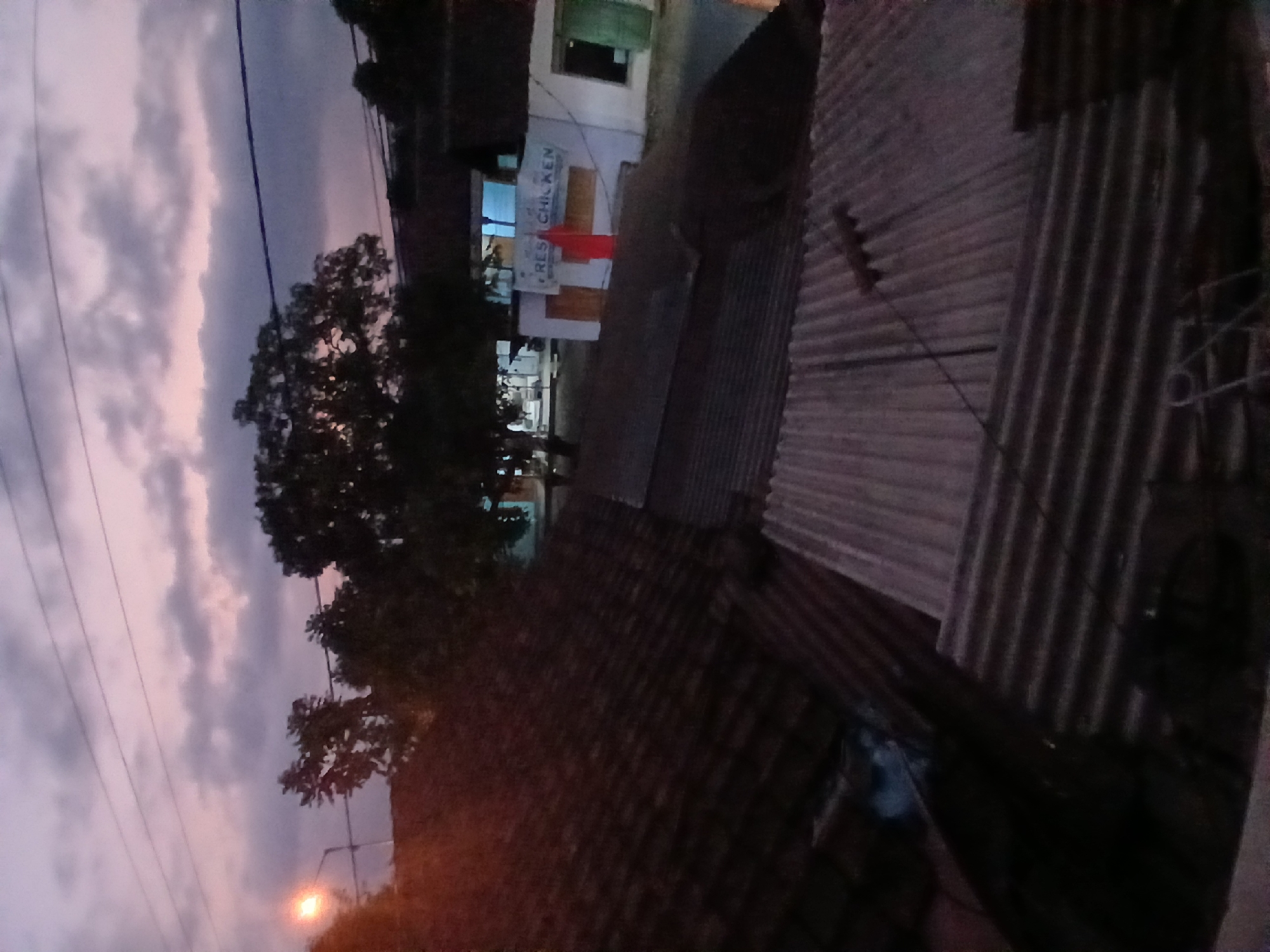 The image depicts a street scene at dusk in Tenggarang, Indonesia. In the foreground, a dark, corrugated metal roof occupies the lower portion of the frame. Behind this, several other corrugated metal roofs are visible, some appearing rusted. Beyond the roofs, a white building with a sign reading "FRESH CHICKEN" is present, along with a red flag or banner. Trees are scattered throughout the scene, and a street light illuminates the twilight sky, which is filled with purple and grey clouds. The overall impression is of a somewhat dilapidated, rural or semi-urban environment at the end of the day.