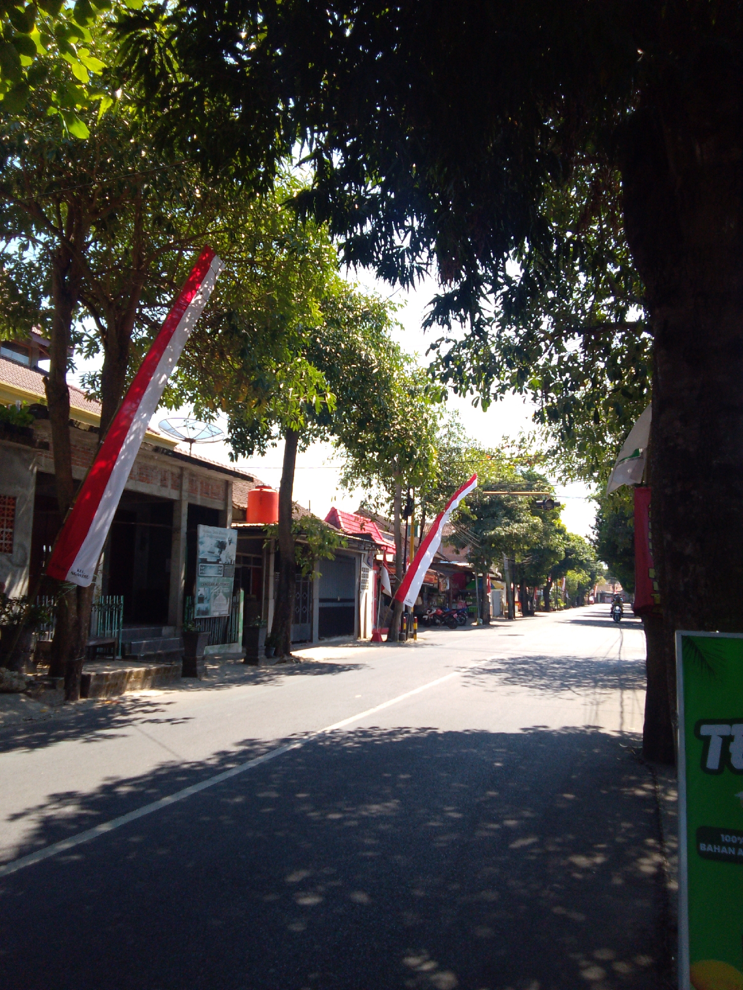 The image depicts a street scene in Trenggalek, Indonesia, under a clear, sunny sky. The perspective is from ground level, looking down a paved road lined with trees and buildings. Two Indonesian flags, red and white, are prominently displayed, one hanging from a tree on the left and another on the right, suggesting a national holiday or celebration.
On the left side of the road, there are several buildings with a traditional Indonesian architectural style, featuring tiled roofs and open storefronts. A satellite dish is visible on one of the building rooftops. Several motorcycles are parked in front of the buildings.
The road itself appears to be a two-lane street with a white dividing line. Shadows from the trees are cast across the asphalt, indicating the time of day is likely late morning or early afternoon. A lone motorcyclist is seen riding away from the viewer on the right side of the road in the distance. A green sign with white lettering, possibly advertising a product, is partially visible on the far right edge of the image. The presence of the flags and the general atmosphere suggest a peaceful, everyday scene in a residential or commercial area of Trenggalek.