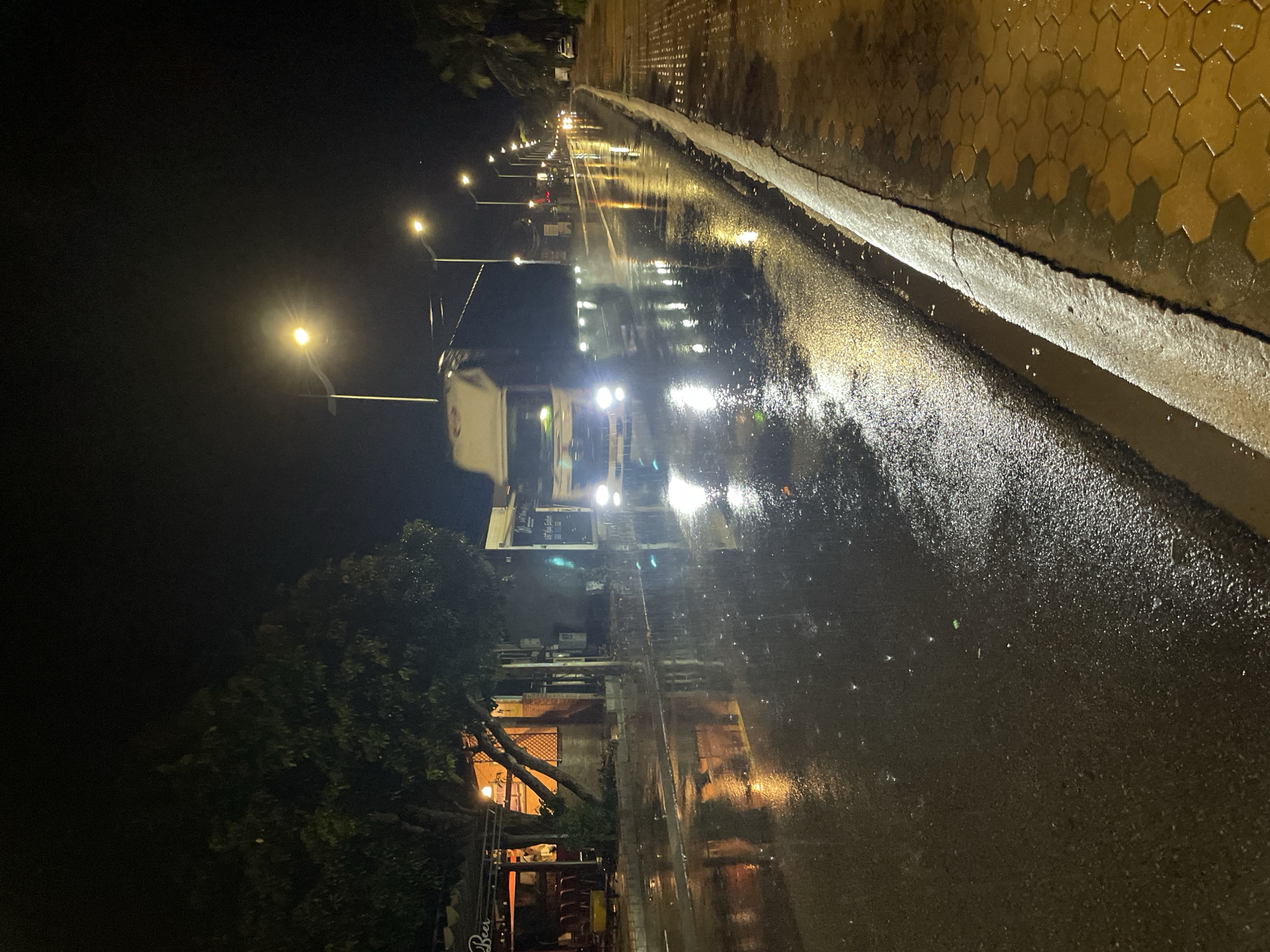 The image depicts an urban street scene at night, likely in Phu Thuy Ward, Vietnam, following rainfall. The wet asphalt road prominently reflects numerous artificial lights, creating streaks of brightness. A large vehicle, possibly a truck or bus, is seen driving towards the viewer, distinguished by its bright headlights that illuminate the wet road surface.
The street is lined with several tall streetlights casting a warm yellow-orange glow, their reflections stretching across the glistening road. To the right, a patterned, possibly tiled, sidewalk appears wet, separated from the road by a low curb. Dark green foliage from trees lines the left side of the street, partially obscuring buildings behind them, some of which show illuminated windows or interiors.
Activity on the street centers around the movement of the vehicle and the ambient glow of the city at night. The wet conditions suggest recent rain, adding to the reflective quality of the surfaces. A sign partially visible in the bottom left corner of the image displays the word "Beer," indicating the presence of a shop or establishment. The sky above is dark, highlighting the artificial illumination of the street below.