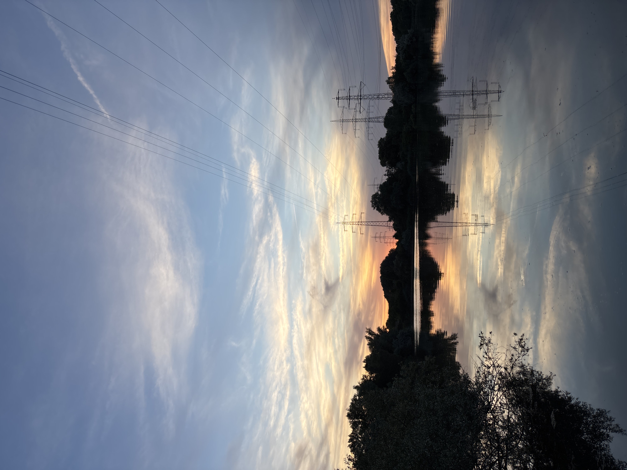 This image depicts a sunset over a body of water, likely a lake or river, near Ludwigshafen am Rhein, Germany. The sky is filled with wispy clouds illuminated by the orange and yellow hues of the setting sun. Several power line pylons are visible on the horizon, silhouetted against the colorful sky, with their corresponding reflections appearing in the calm water. Dense foliage lines the banks of the water, casting dark shadows. The overall scene is tranquil, with the smooth water reflecting the sky and the industrial structures. There are no people visible in the image.