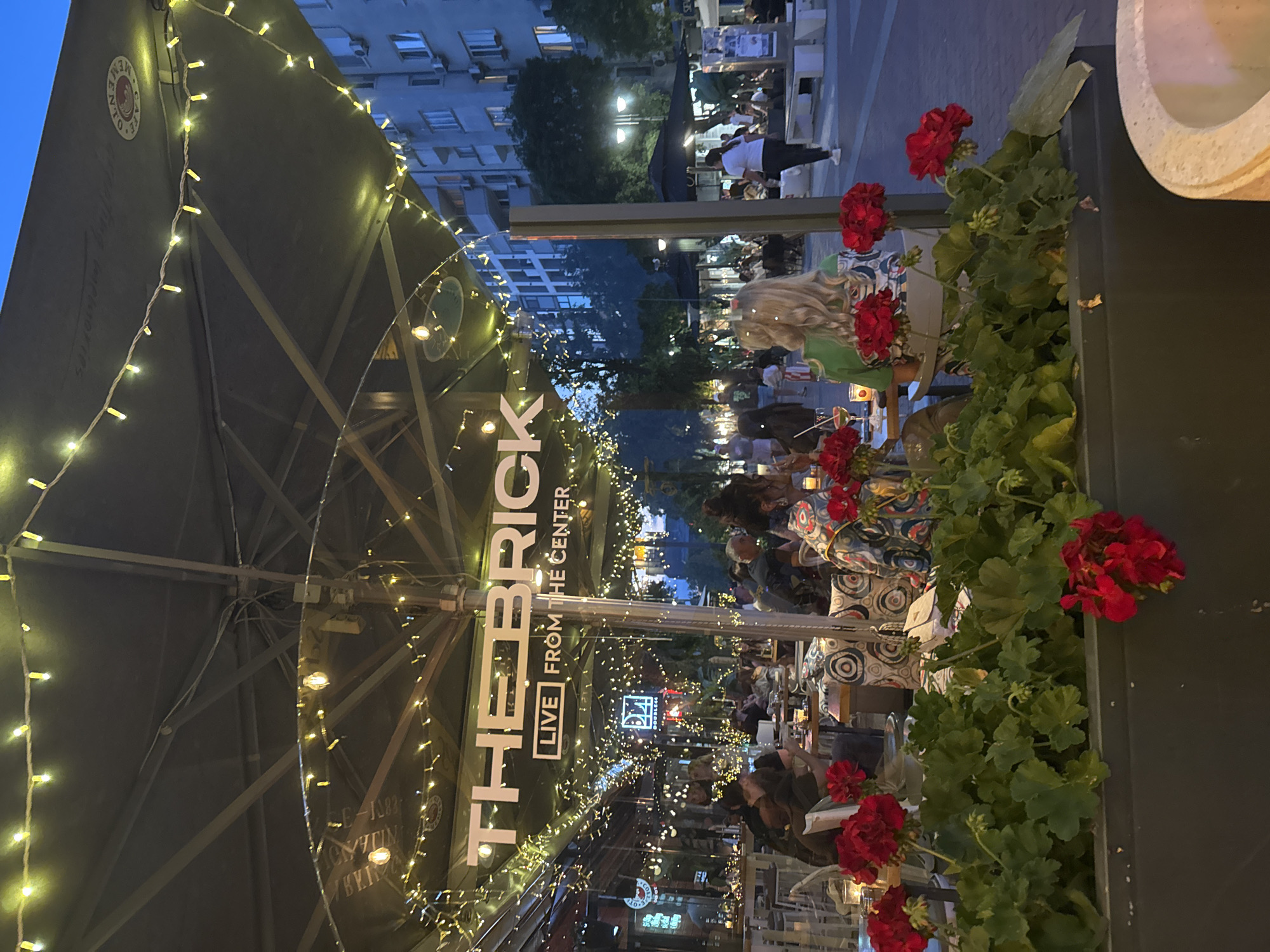 The image depicts a lively outdoor dining scene at "The Brick Live From The Center" in Varna, Bulgaria, likely in the evening. The foreground is dominated by a planter filled with lush green leaves and vibrant red flowers, some of which are in bloom and extending into the frame. Behind the planter, patrons are seated at tables under a large, dark-colored umbrella adorned with numerous strings of yellow fairy lights, creating a warm and inviting ambiance.
The restaurant's name, "THE BRICK LIVE FROM THE CENTER," is prominently displayed in white lettering on a dark background under the umbrella. Further into the scene, more tables are visible, with people engaged in conversations and enjoying their meals and drinks. The setting appears to be a pedestrianized area or plaza, as indicated by the presence of streetlights, trees, and buildings in the background.
Several individuals are depicted: a woman with blonde hair sitting in the foreground with her back to the camera, facing the restaurant; another woman in a white shirt and dark pants walking away from the camera on the right side of the image; and numerous other patrons seated at tables, their interactions largely obscured by the dining setup and the dim lighting. The buildings in the background are multi-story structures, typical of an urban environment, with visible windows and balconies. The sky above is a deep blue, suggesting dusk or early evening. The overall impression is of a popular and bustling social hub.