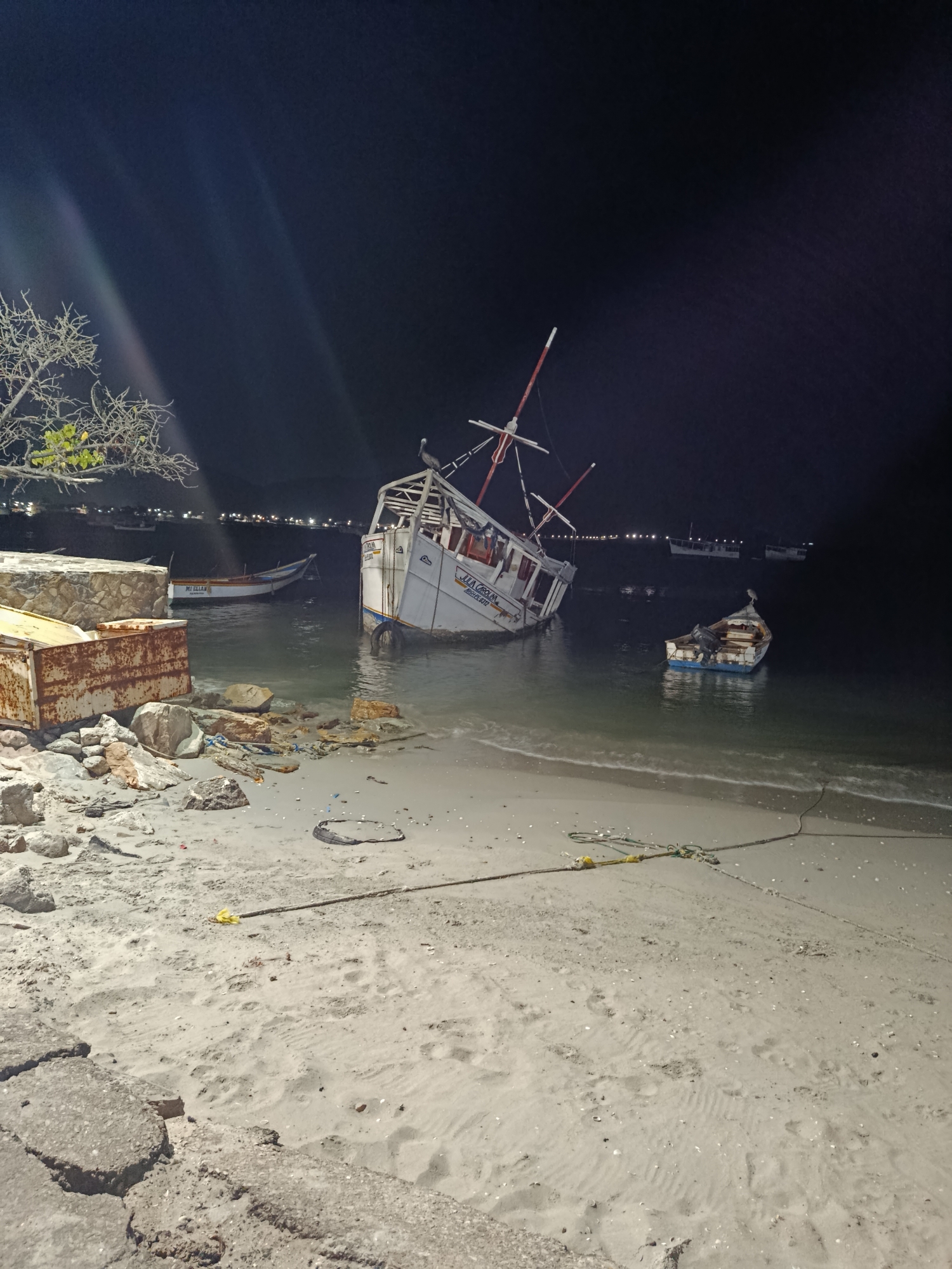 The image depicts a nighttime scene in Juan Griego, Venezuela. A partially submerged, white fishing boat is tilted in the water near the shoreline. Another smaller boat is afloat nearby, with a bird perched on its edge. A weathered, rusty metal container sits on the beach next to a stone wall. The beach is sandy with scattered rocks and a few ropes. Distant lights suggest a populated area along the horizon. A leafless tree branch is visible on the left side. The overall scene suggests a neglected or abandoned part of the coastal area.