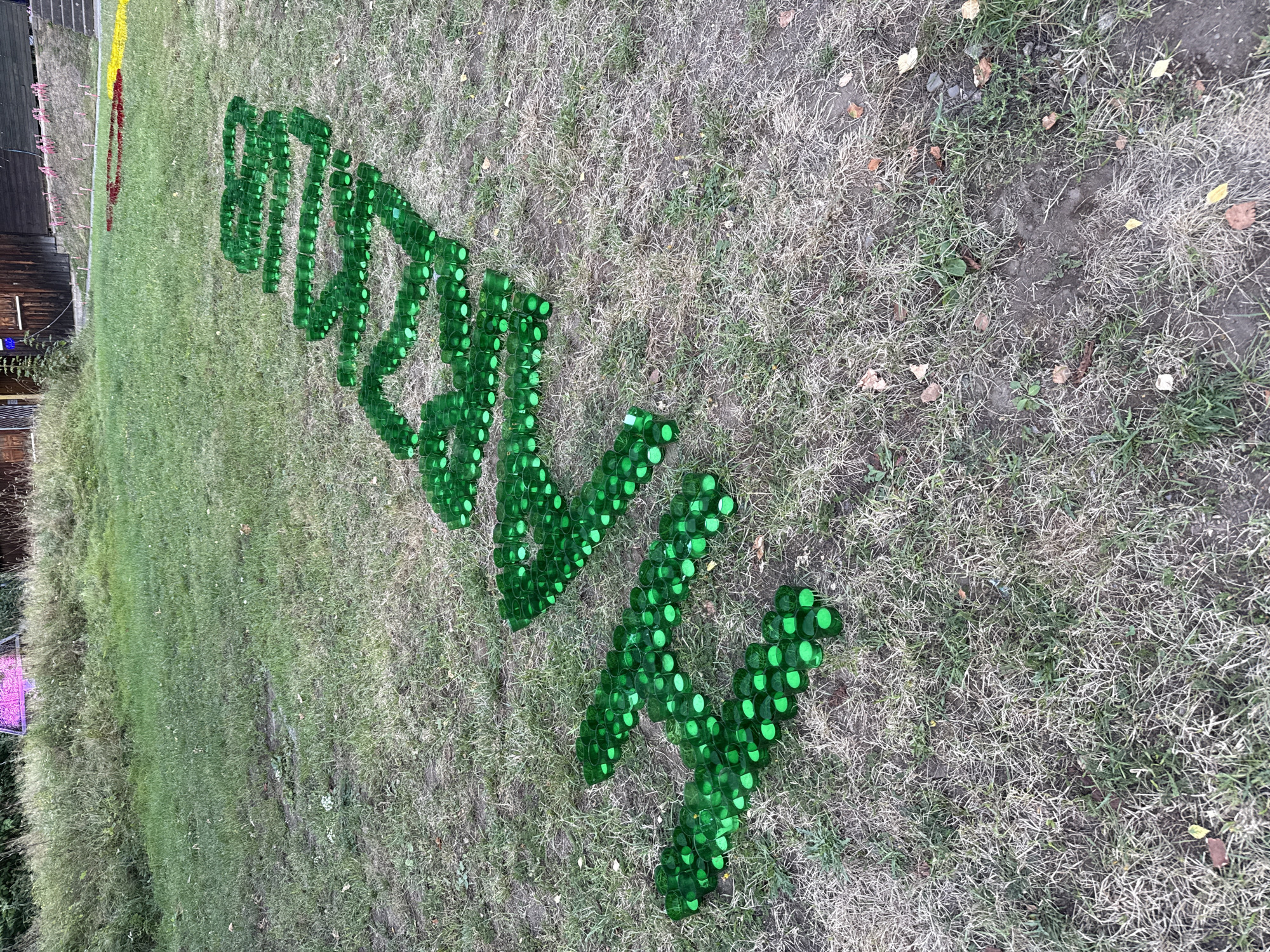 An aerial view shows the word "HERZBLUT" spelled out in green glass votive candle holders on a grassy field in Walkenried, Germany. The letters are arranged in a diagonal line from the bottom left to the top right of the image. The field is uneven and dry in places, with patches of dead grass and some scattered leaves. In the background, there is a wooden building, a fence, and a hill with more colored decorations. The word "HERZBLUT" translates to "heart's blood" in English.